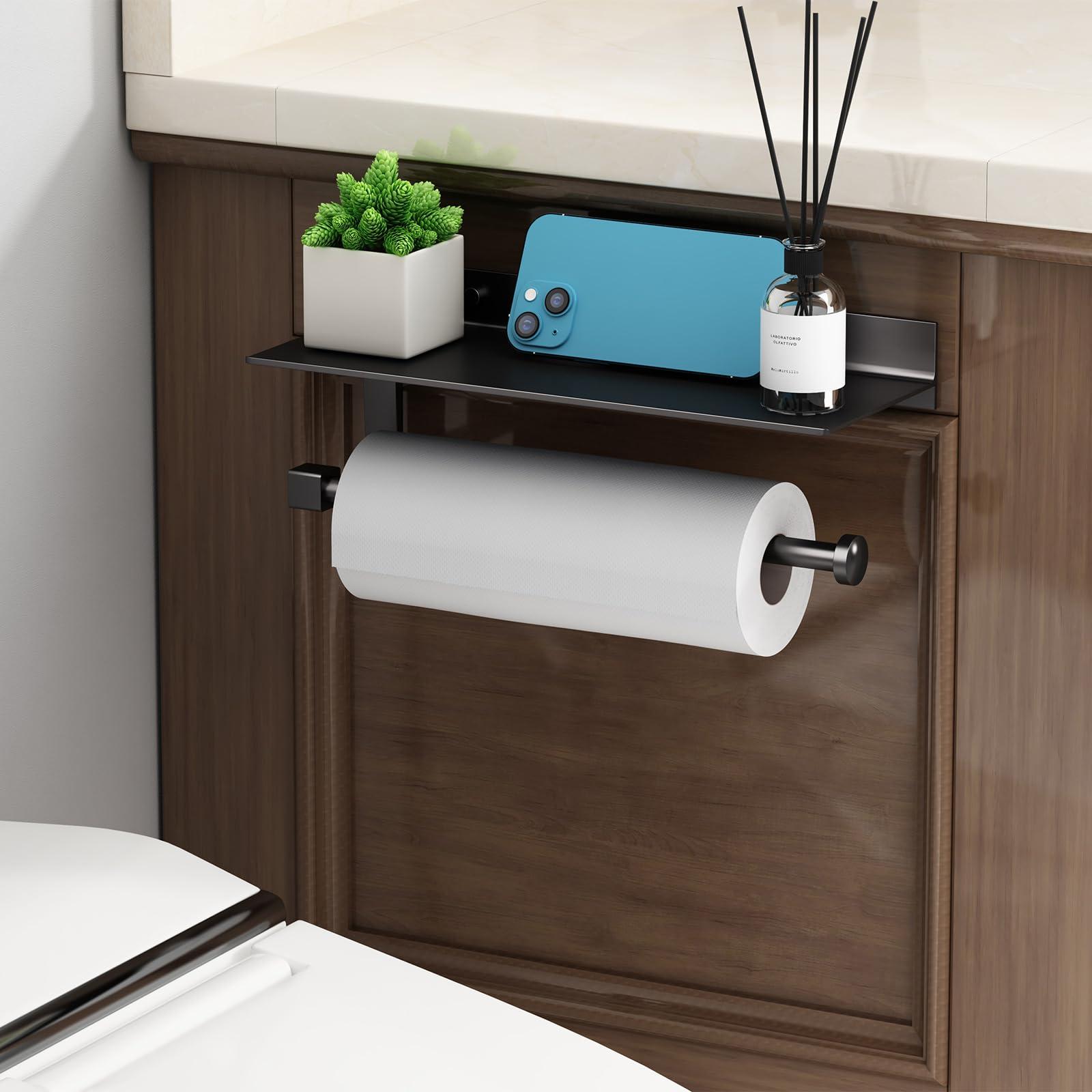 Danpoo Wall Mount Paper Towel Holder with Shelf for Bathroom/Kitchen, Adhesive Hand Towel Holder, Matte Black - Image 6