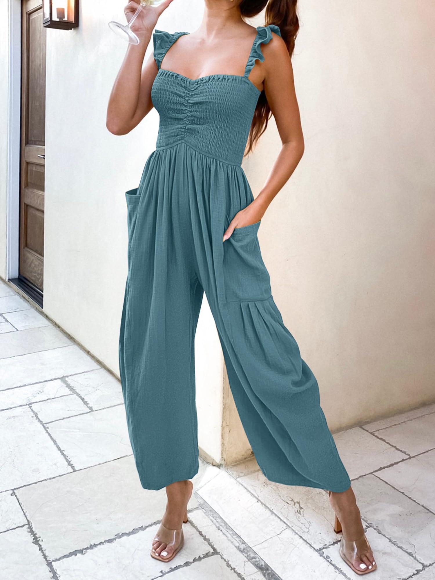 ANRABESS Women Summer Casual Dressy Sleeveless Smocked Wide Leg Linen Jumpsuits Rompers 2025 Trendy Travel Outfit Pocket - Image 5