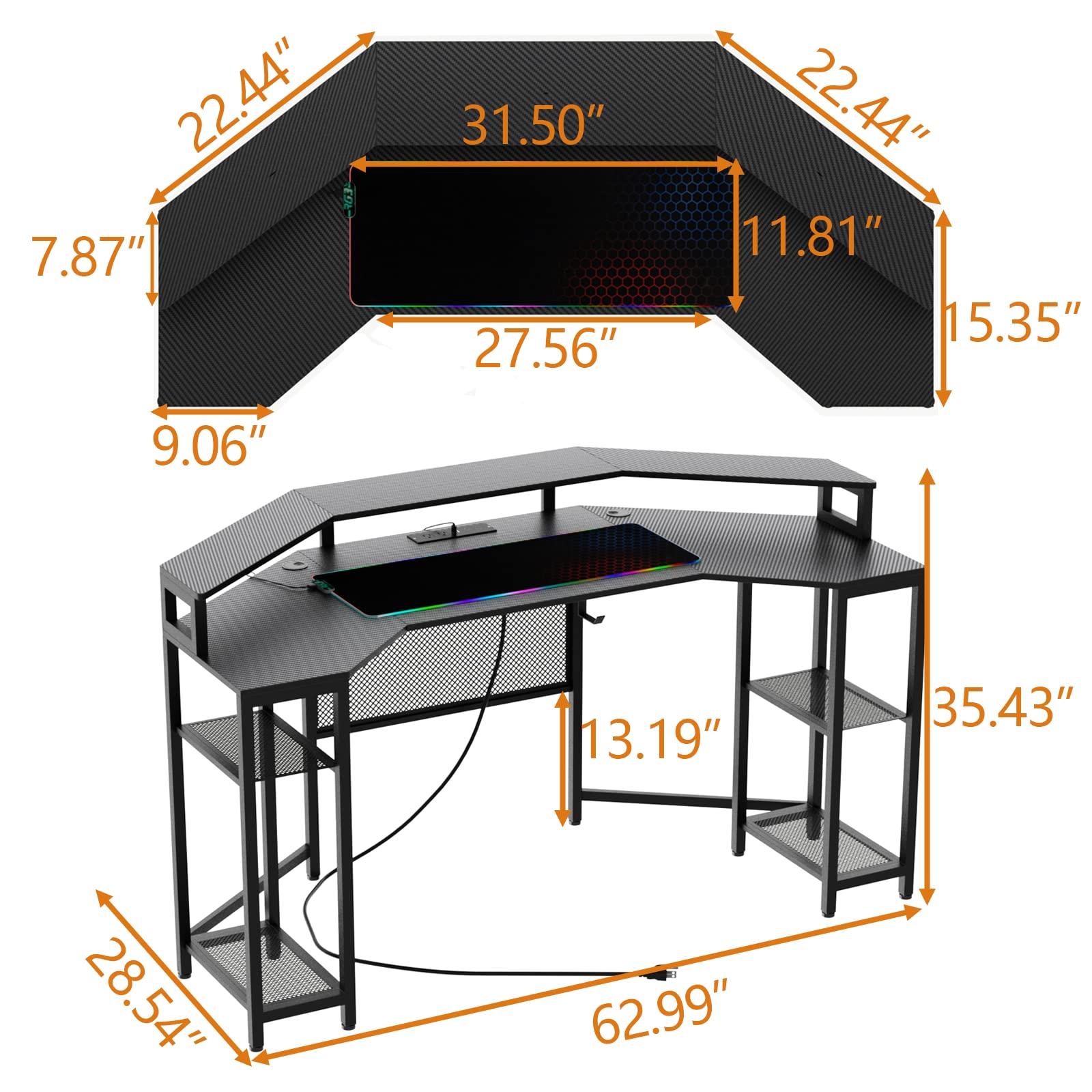Gyfimoie 63" Computer Desk with Power Outlet & LED Light, Wing-Shaped Gaming Desk with Shelves, Full Monitor Stand,Wireless Charging,RGB Mouse Pad,Headphone Hook, Home Office Desk (Black) - Image 3