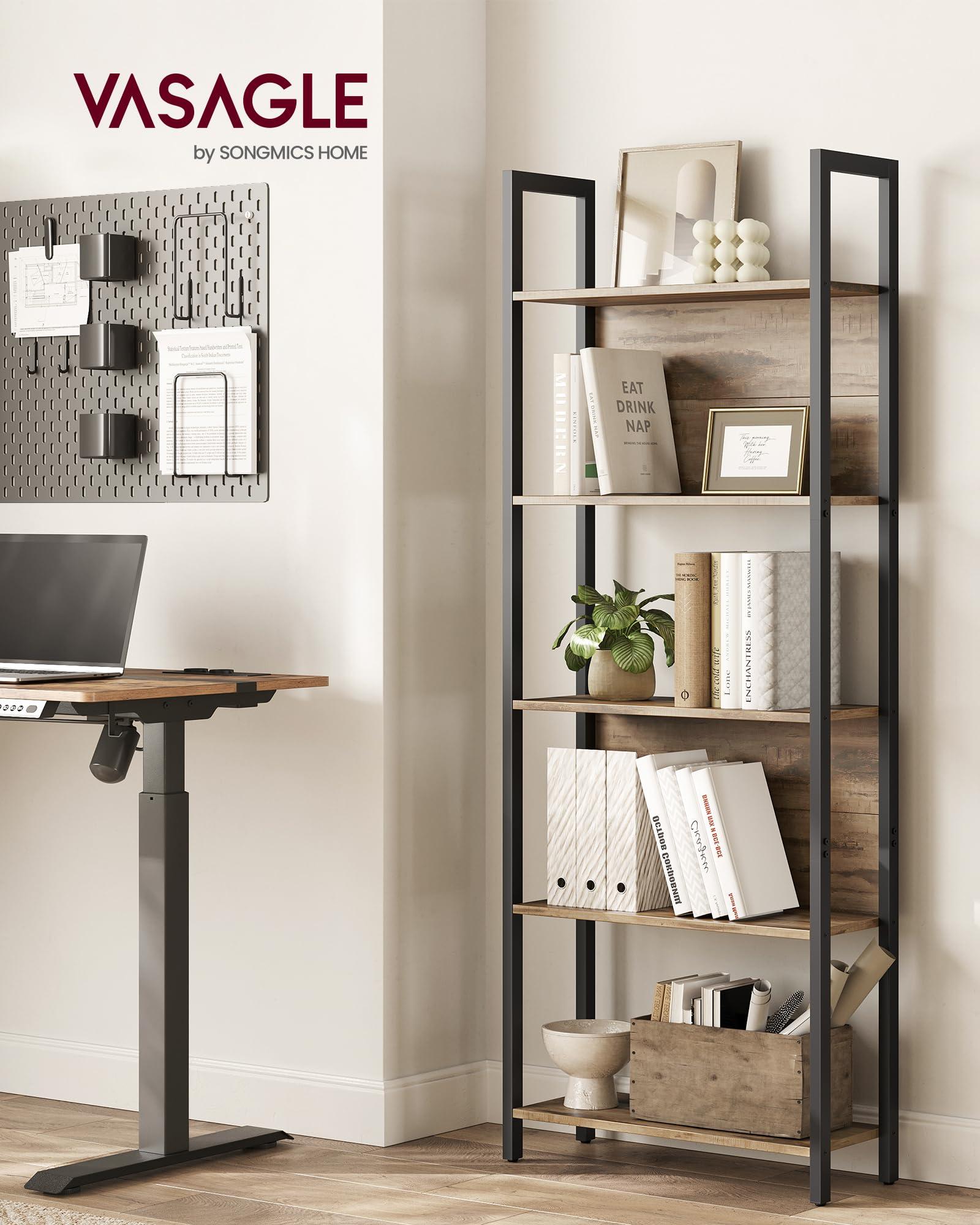 VASAGLE 5-Tier Bookshelf, Book Shelf, Industrial Bookcase, with Steel Frame, for Living Room, Home Office, Bedroom, 9.4 x 24.4 x 65 Inches, Camel Brown and Black ULLS025B50 - Image 2