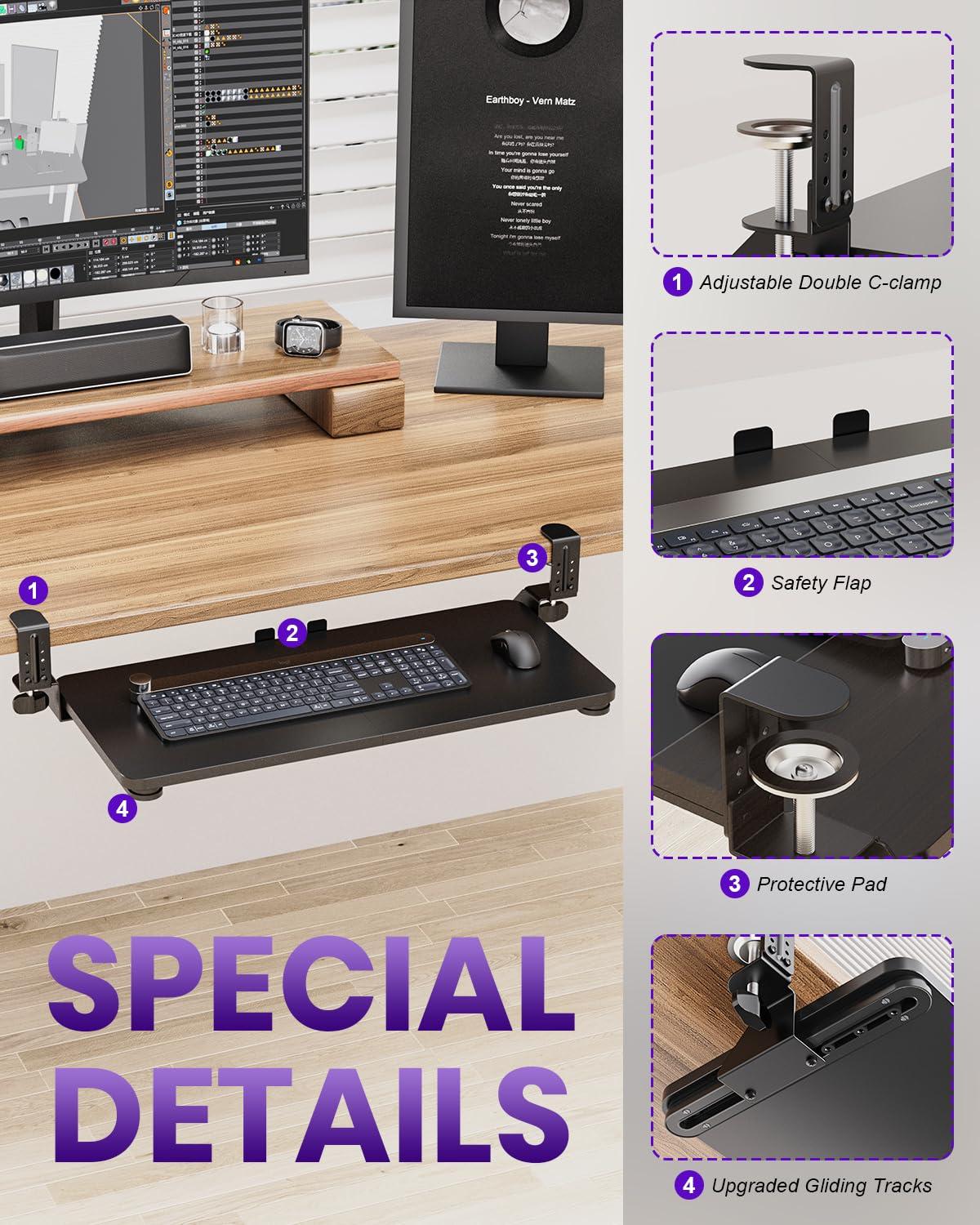 Zontera Ergonomic Keyboard Tray Under Desk, Pull Out with Adjustable C-clamp, 25.6 x 11.8 Inch Slide Out Computer Keyboard Drawer Mouse Tray for Typing, Large & Black - Image 2