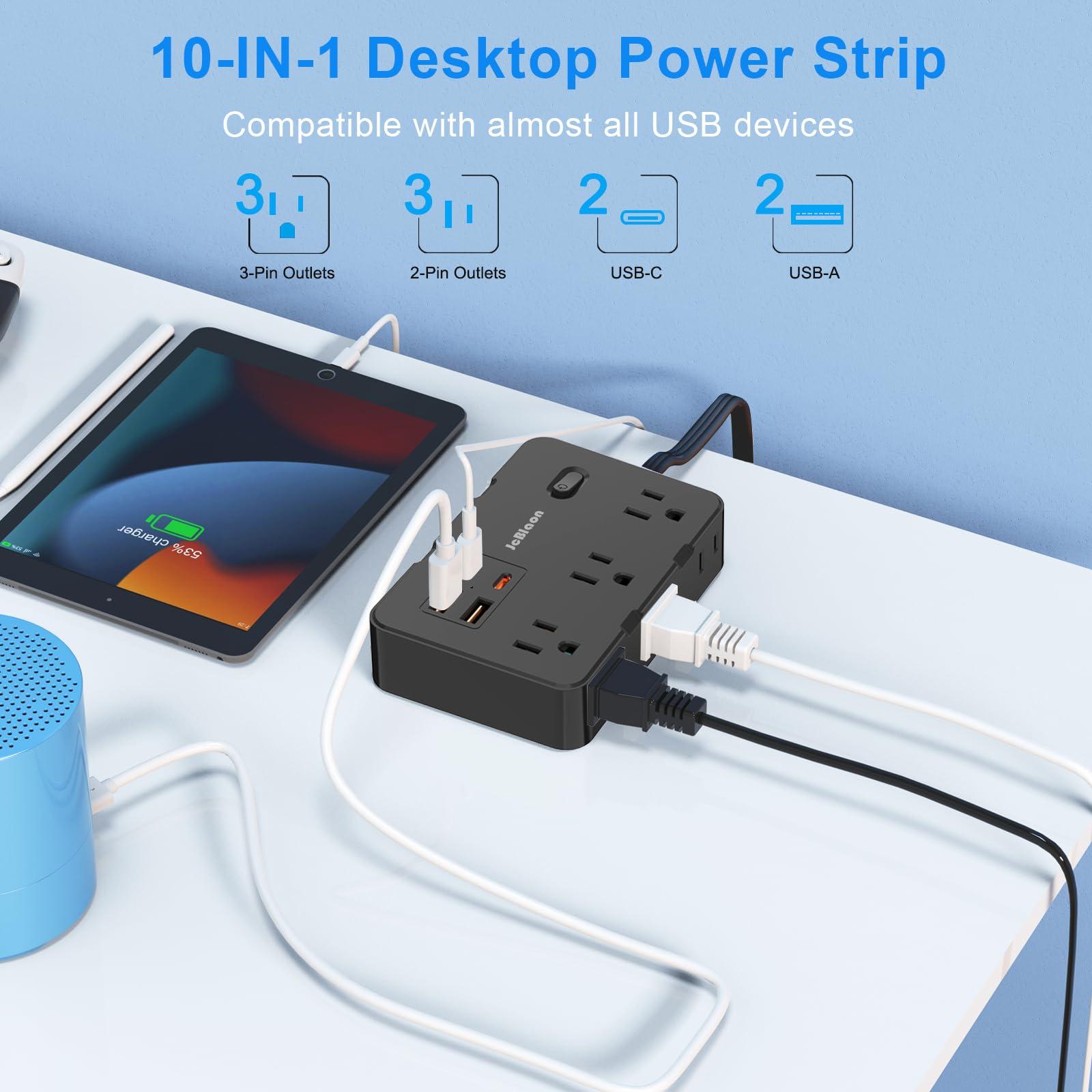 Flat Plug Power Strip Surge Protector, 5ft Ultra Thin Extension Cord with 4 USB Wall Charger(2 USB C Port), 6 Widely-Spaced Outlets Power Strip Compact for Travel, Office, Dorm Room Essentials (Black) - Image 2