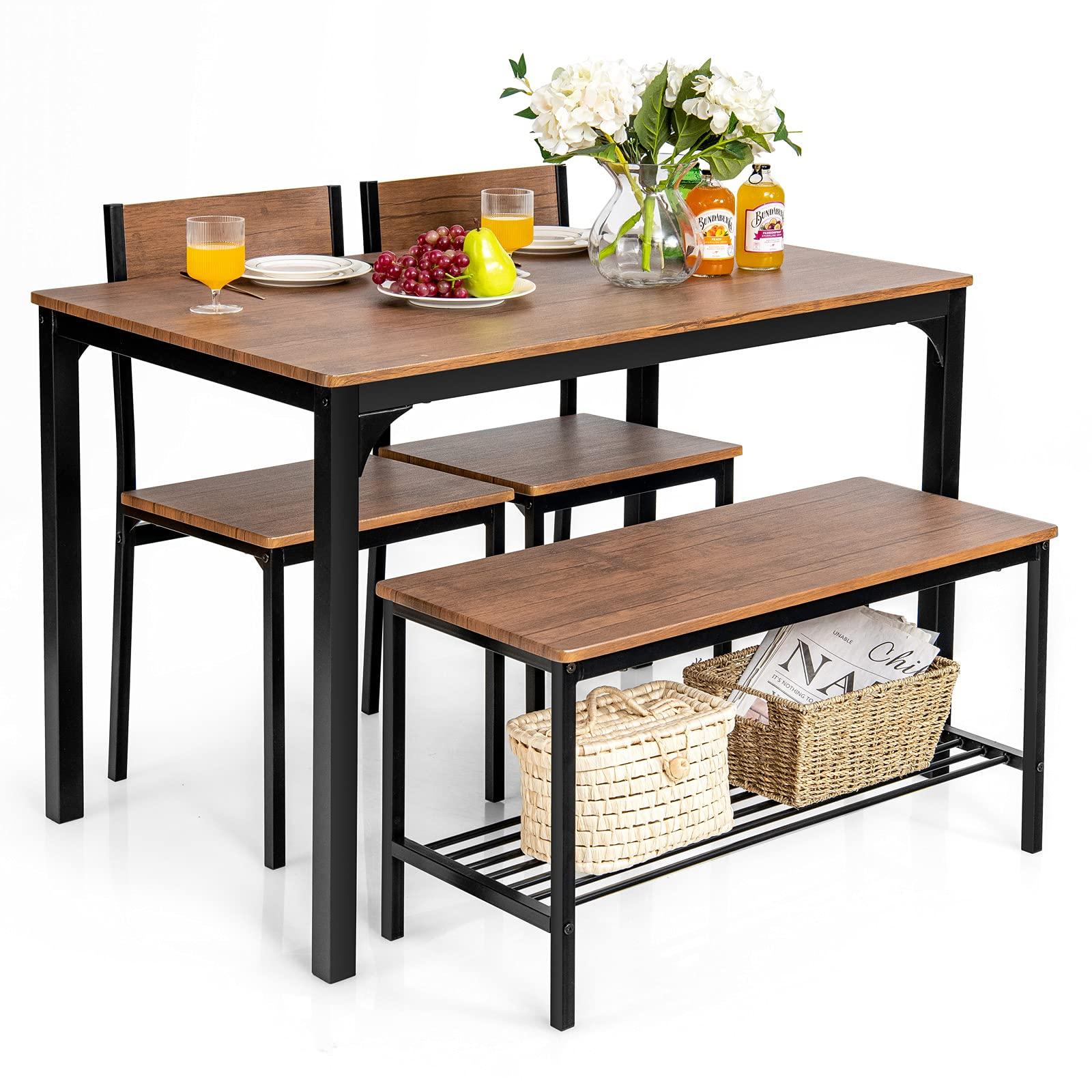 Giantex Dining Table Set for 4, 43" Kitchen Table and Chairs, Dining Bench with Metal Frame & Storage Rack, 4-Piece Modern Functional Desk Set for Dinette, Small Space, Apartment, Restaurant, Brown