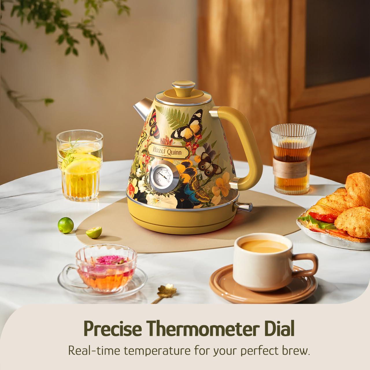 Hazel Quinn Retro Electric Kettle - 1.7L, 1200W Fast Boiling, All Stainless Steel Interior, Cordless, BPA-Free, Auto Shut-Off, Thermometer for Tea & Coffee - Floral Design by Artist Eduardo Recife - Image 5
