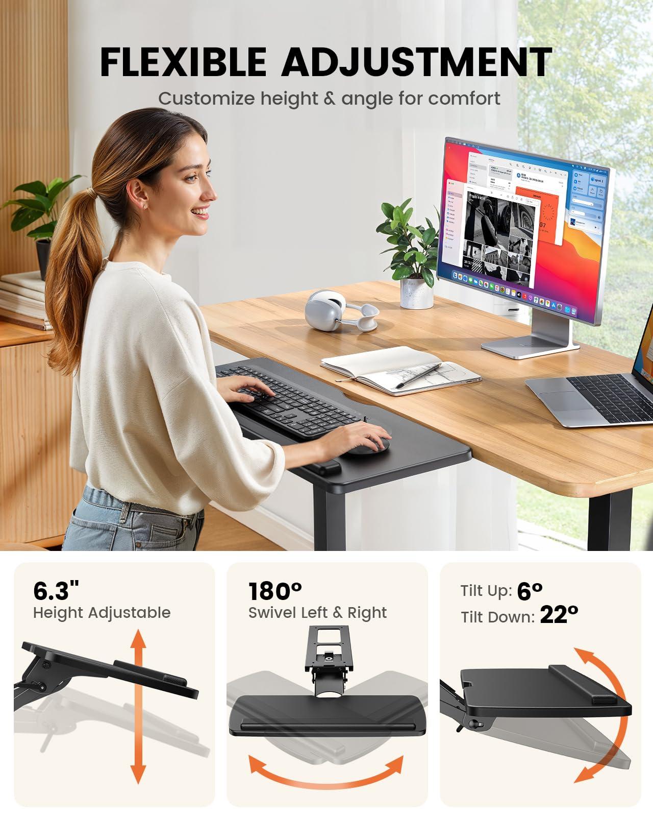 ErGear Keyboard Tray Under Desk, Height Adjustable Mouse & Keyboard Tray with Swivel & Tilt, Ergonomic Sliding KeyboardTray Slide Out for Typing, Black, 25"W x 9.8"D - Image 4