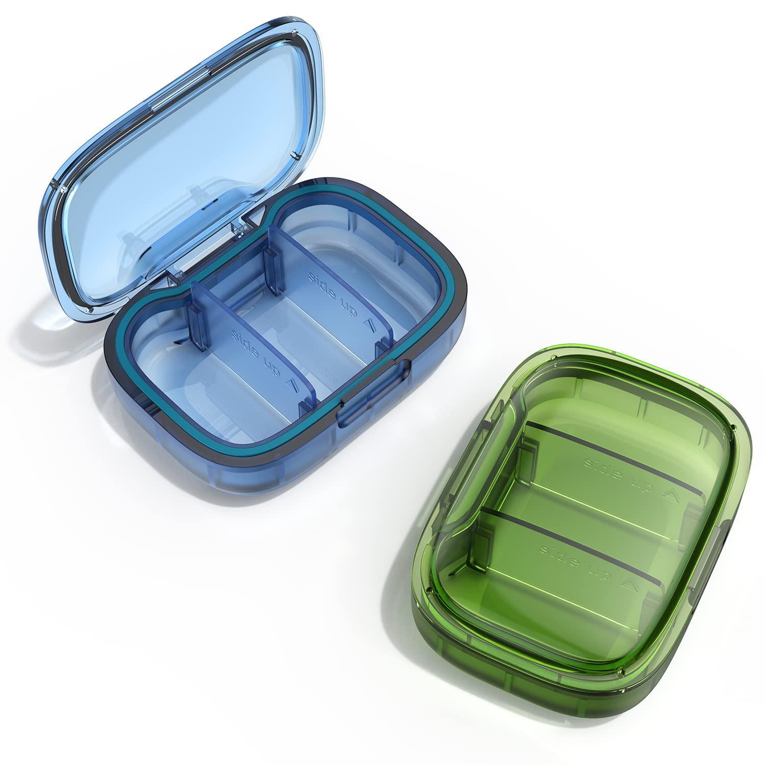 2 Pack 3 Compartment Small Pill Box, Moisture Proof Case, Travel Organizer for Pocket Purse, Daily Portable Medicine Vitamin Container, Fish Oil and Supplement Storage