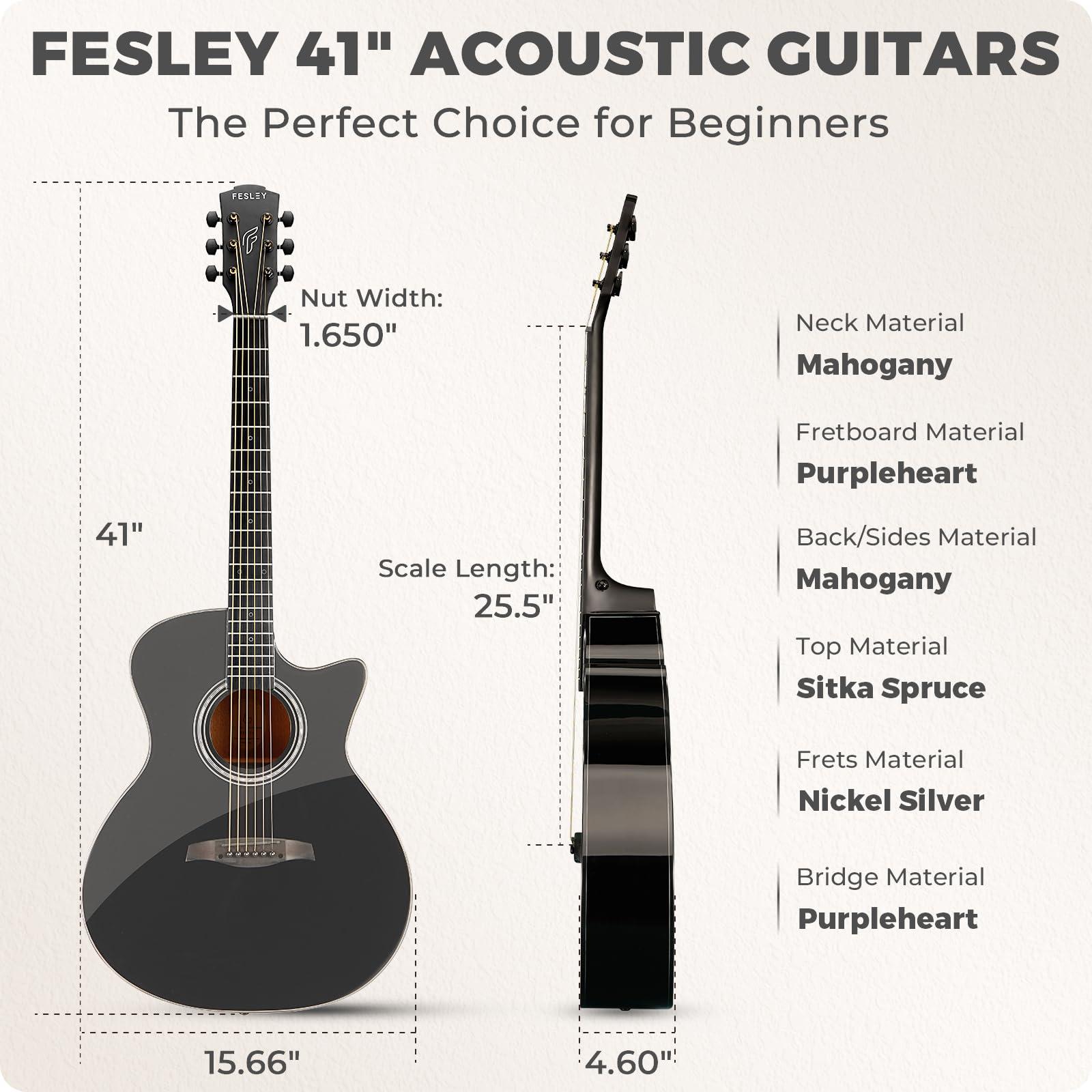 41" Acoustic Guitar Kit for Beginner: 4/4 Full Size Cutaway Acustica Guitarra Bundle for Adult Teen with Gig Bag, Tuner, Strap, Strings, Picks, Capo, FF60, Black - Image 2