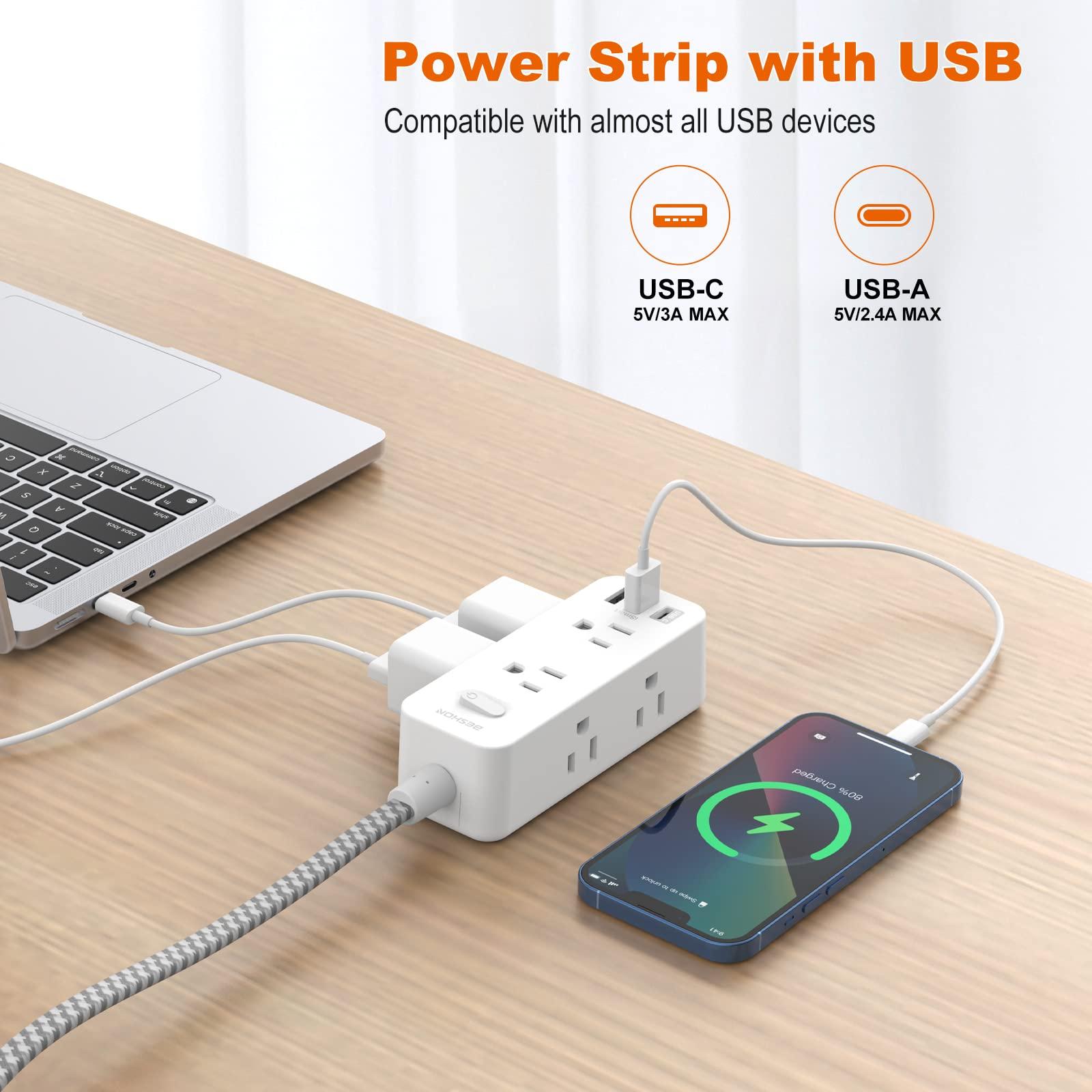 Power Strip Surge Protector, BESHON 5Ft Extension Cord, 6 Outlets with 3 USB Ports(1 USB C Outlet), 3-Side Outlet Extender, Wall Mount, Compact for Travel, Home, School, College Dorm Room and Office - Image 3