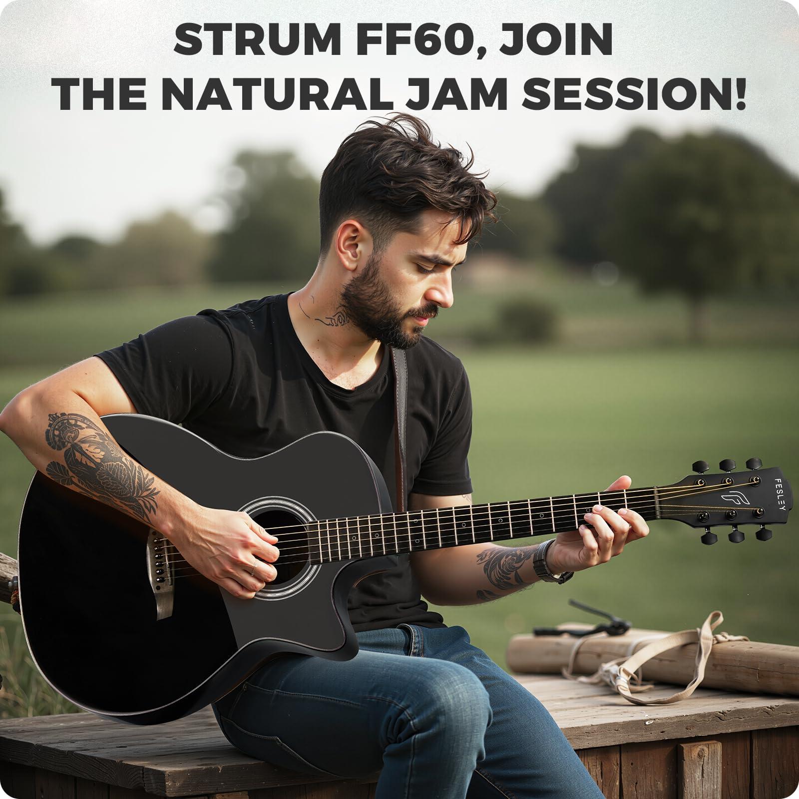 41" Acoustic Guitar Kit for Beginner: 4/4 Full Size Cutaway Acustica Guitarra Bundle for Adult Teen with Gig Bag, Tuner, Strap, Strings, Picks, Capo, FF60, Black - Image 8