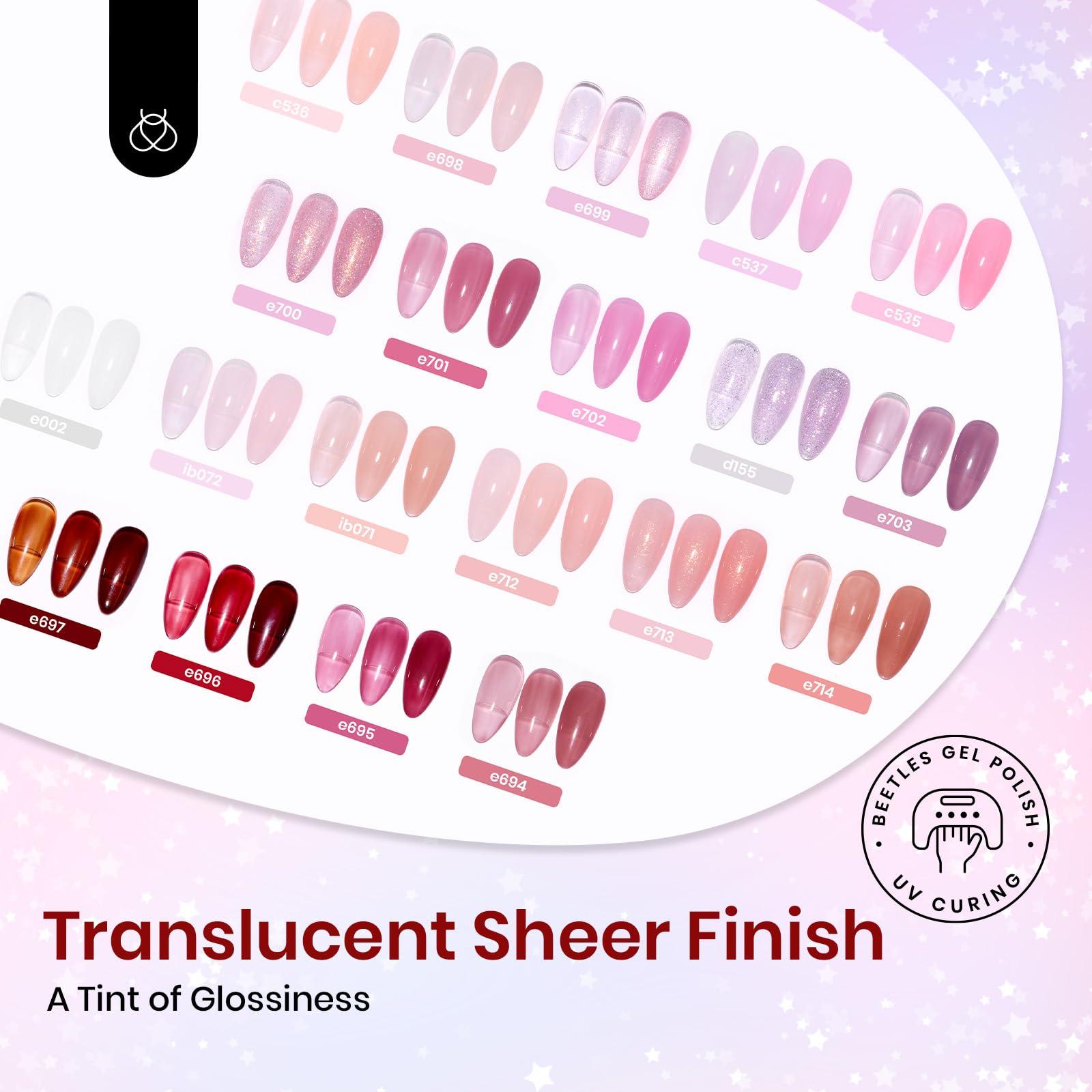 Beetles Jelly Gel Nail Polish Set, 25PCS 20 Colors Sheer Neutral Nude Pink Glitter Milky White Gel Nail Kit Soak Off UV with Base Glossy Matte Top Coat Pearls Rhinestones Nail Charms Gift for Women - Image 7