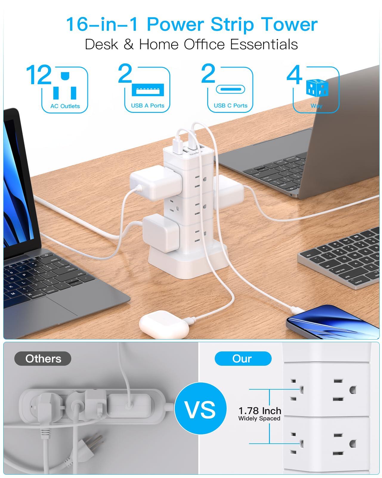 Surge Protector Power Strip Tower, 12 Outlets 4 USB (2 USB C), 6Ft Flat Plug Extension Cord with Multiple Outlets, Desktop Charging Station for Multiple Devices, Office Desk College Dorm Essentials - Image 2