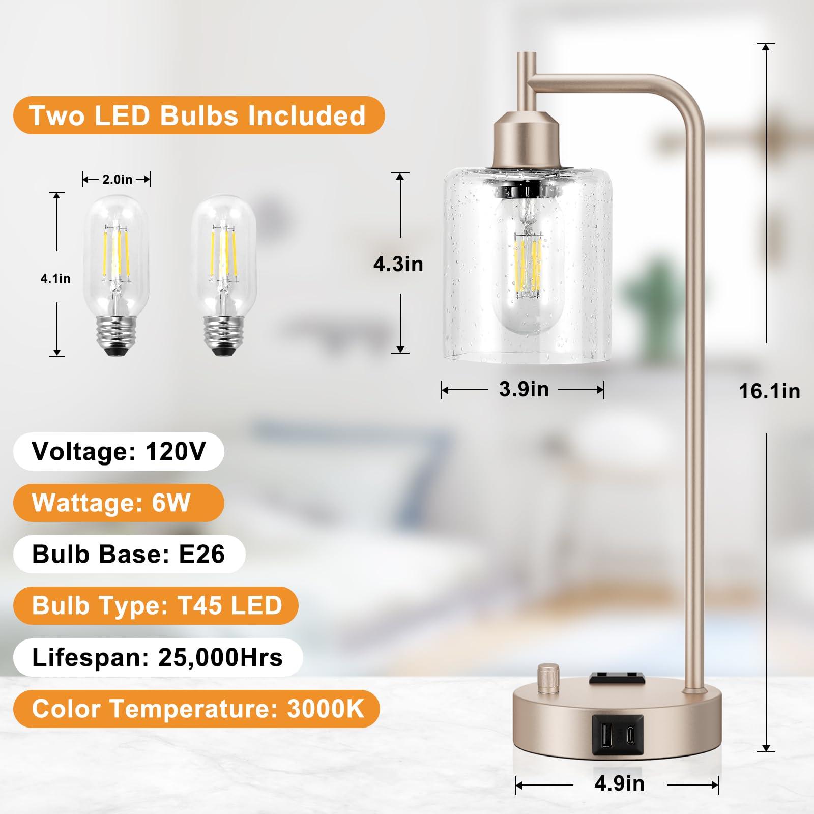 Industrial Table Lamps for Bedrooms Set of 2 - Fully Dimmable Bedside Lamps with USB Ports and Outlet, Champagne Gold Nightstand Lamps with Glass Shade for Living Room, Desk Lamps for Office Reading - Image 6