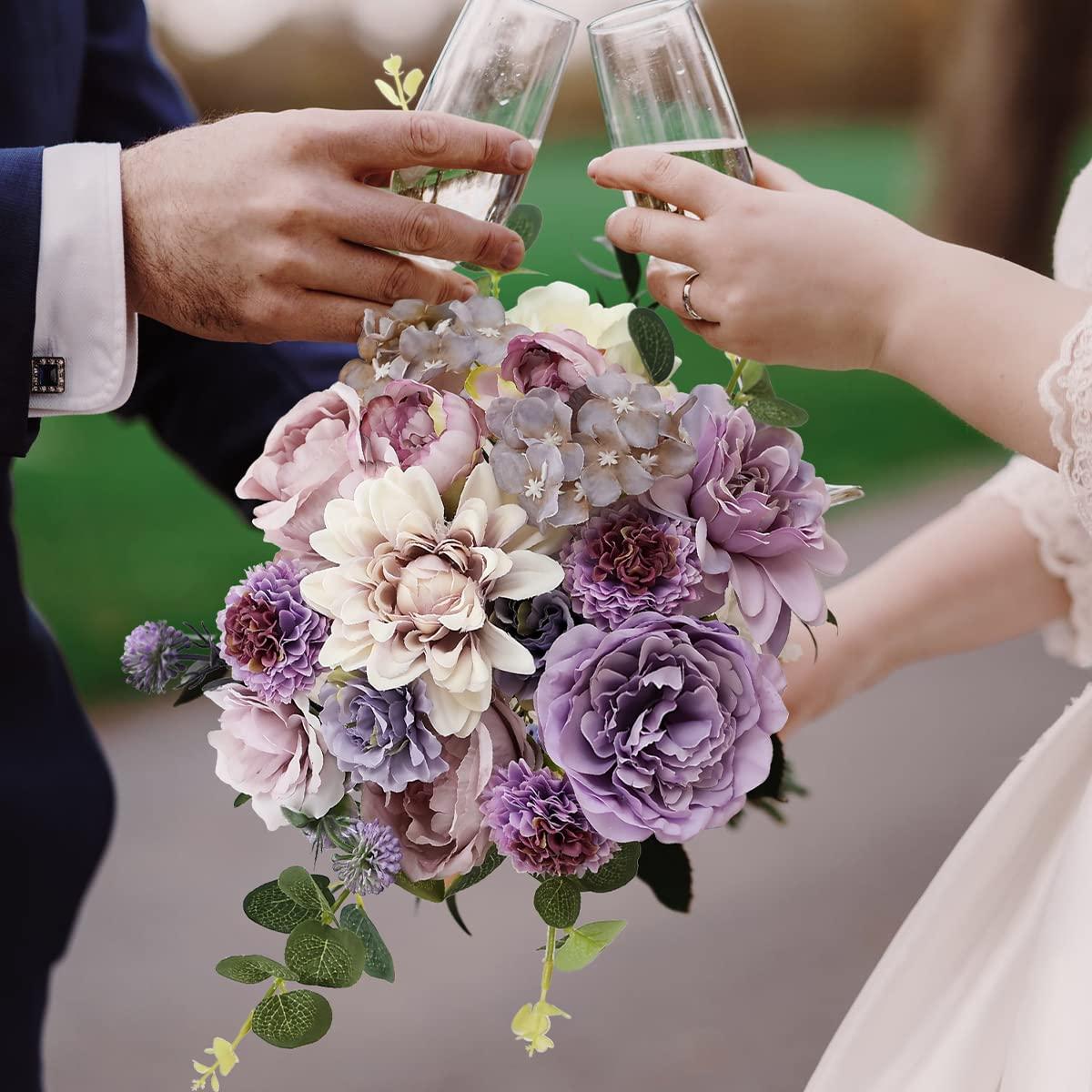 Kisflower Purple Artificial Flowers Combo Cake Flowers Decorations Fake Peony Silk Roses Gift Box for DIY Wedding Bridal Bouquet Centerpieces Arrangements Party Baby Shower Holiday Decor (Purple) - Image 3