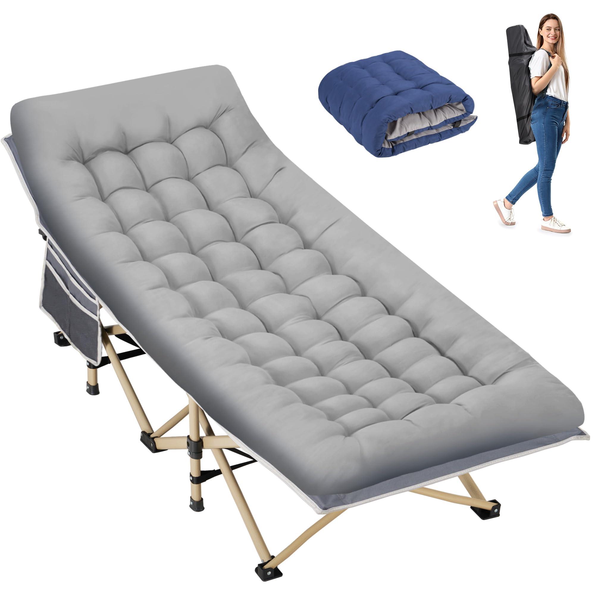 Candockway Folding Camping Cot for Sleeping, Portable Cots for Adults, Heavy Duty Cot Bed 550LBS(Max Load), Extra Wider Cots with Large Pocket for Outdoor, Office, Beach