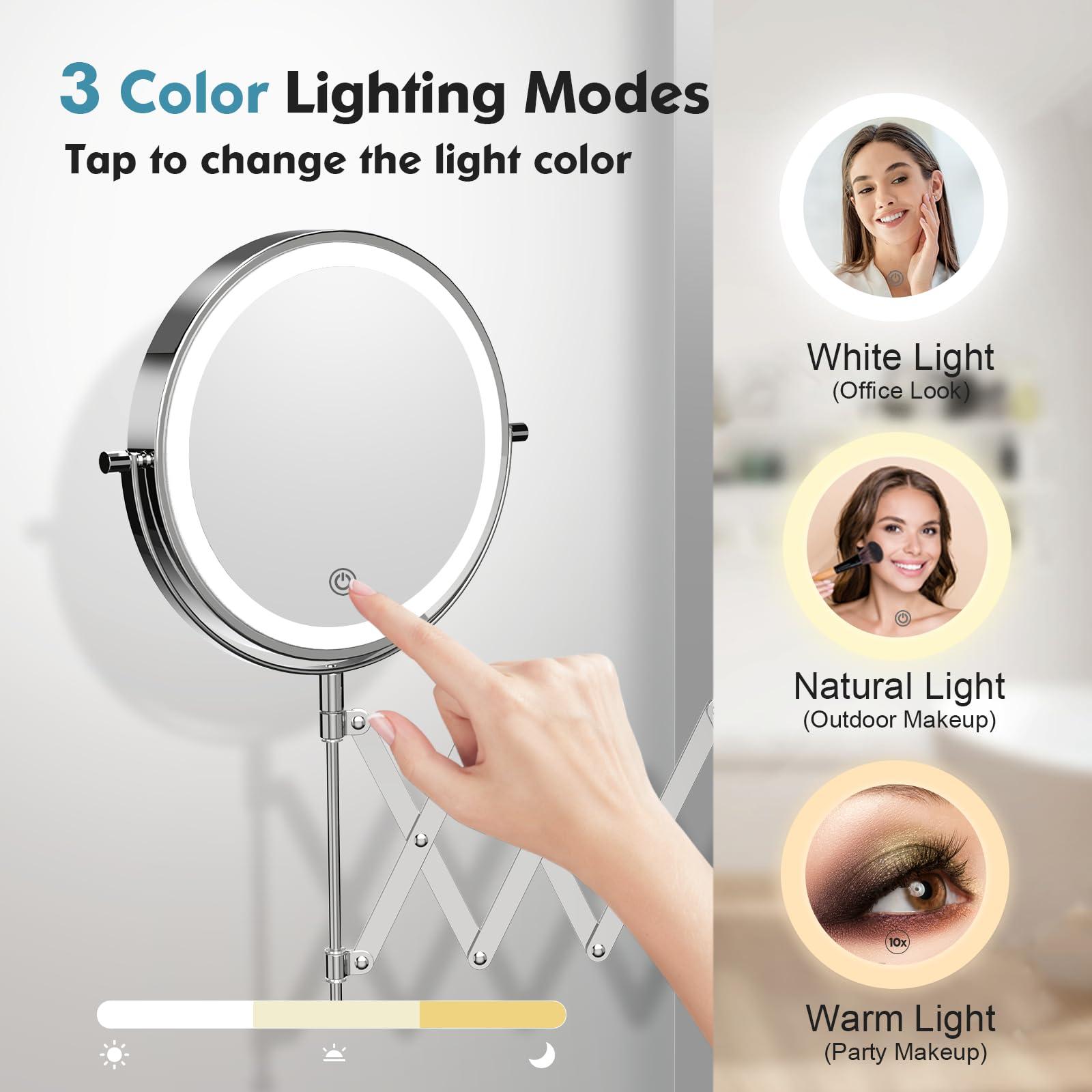 Rechargeable Wall Mounted Makeup Mirror - 8 Inch Double Sided 1X/10X Magnifying Mirror with 3 Color Lights Dimmable Touch Screen, 360°Swivel 19.6 Inch Extendable Accordion Bathroom Mirror - Chrome - Image 4