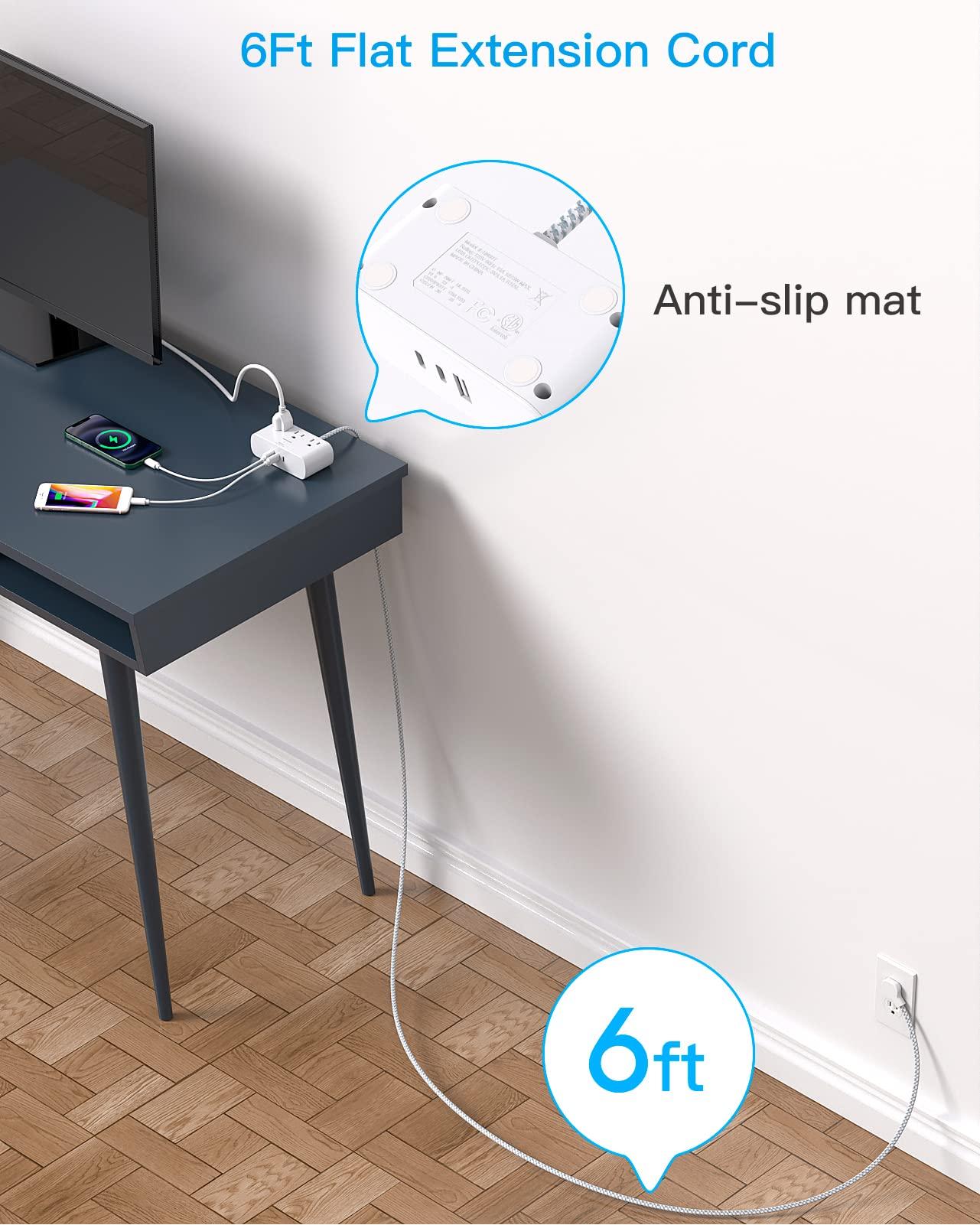Flat Extension Cord 10 Ft, HANYCONY Ultra Thin Flat Plug Power Strip, 3 Outlets 3 USB Ports(2 USB C) Desk Charging Station, Power Strip with No Surge Protector for Cruise Ship Dorm Room Essentials - Image 6