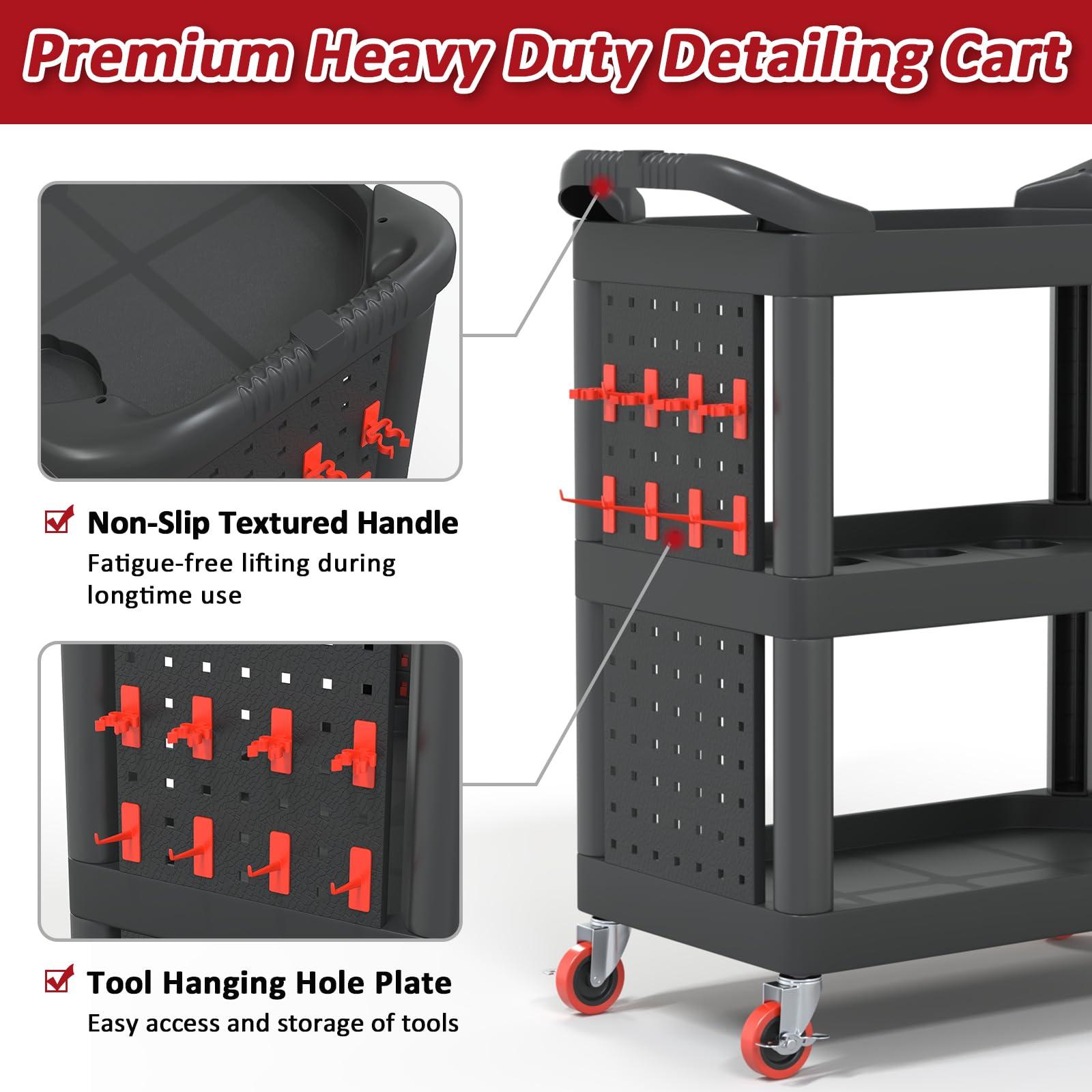 Pelnuies 3 Tier Auto Detailing Cart, 350 LBS Capacity Detail Cart with Grooves, 2 Hanging Plate and Hooks, Cleaning Carts on Wheels for Detailers Garage, Workshop, Repair Shop, Black - Image 5