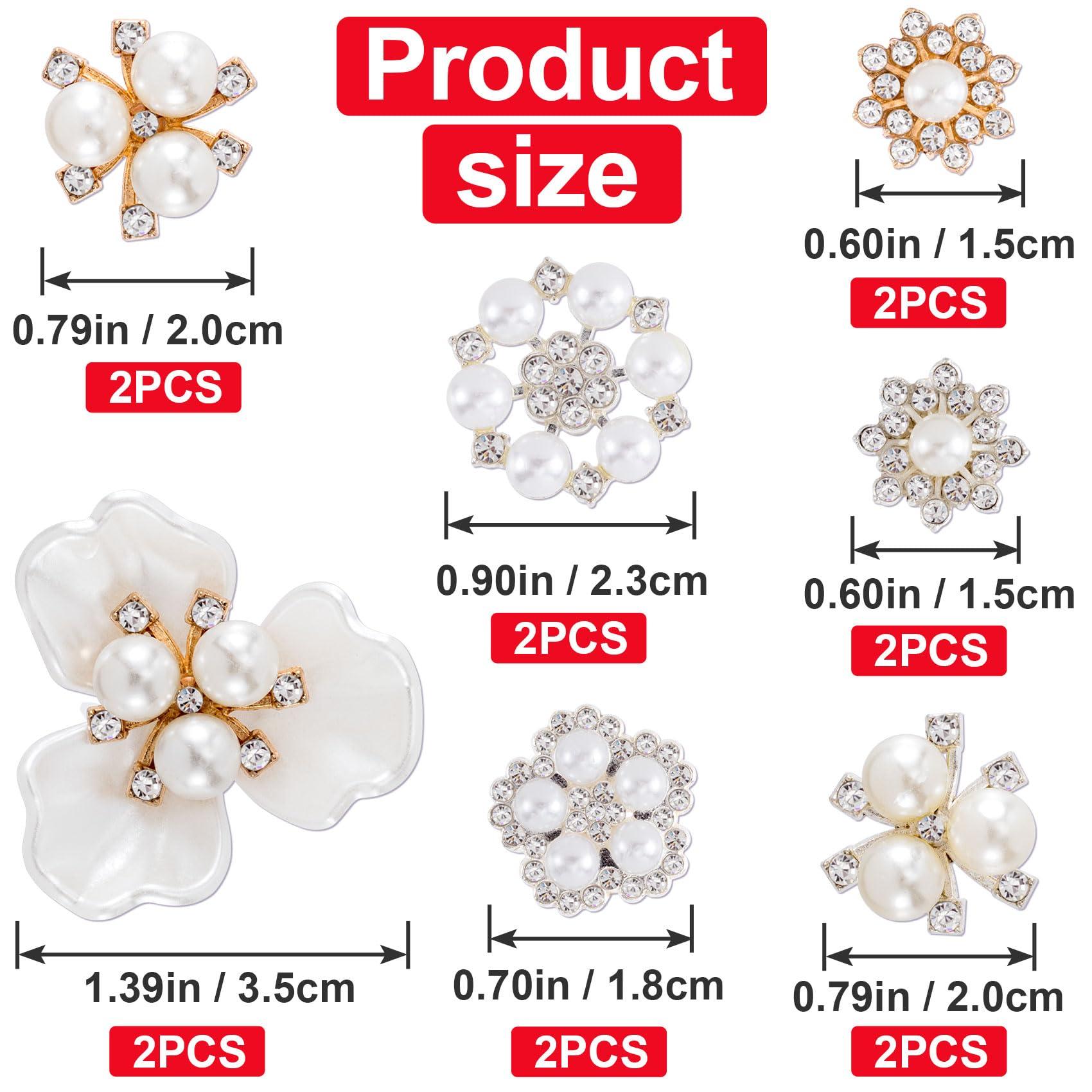 Pndeyo 14pcs Sparkle Flower Pearl Button Set, Alloy, Faux Pearls, Rhinestones, Wedding Party Clothes Bags Decoration - Image 3