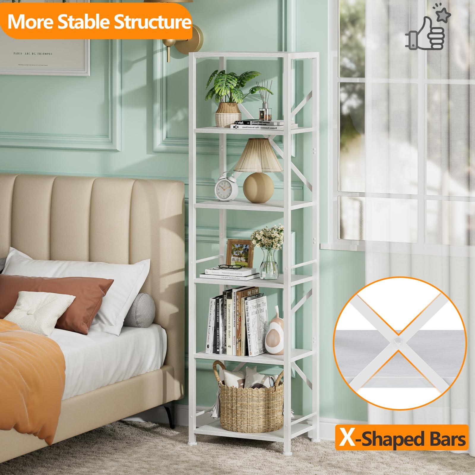 Furologee White Tall Bookshelf, Narrow Bookcase with 6 Shelves, Modern Freestanding Shelf Units, Metal and Wood Display Storage Corner Rack Organizer for Living Room, Home Office, Hallway, Bathroom - Image 4