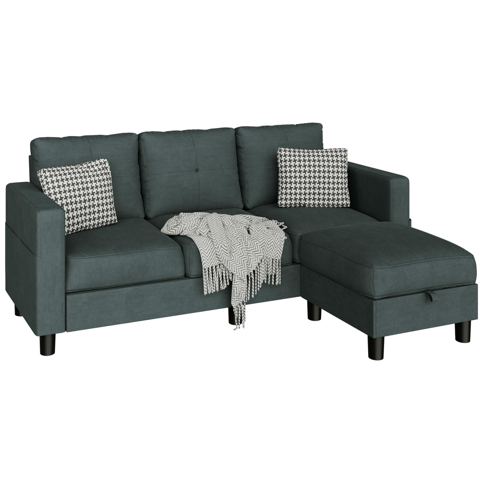 JAMFLY 3-Seat Convertible L-Shaped Sectional Sofa with Ottoman, Polyester Fabric Modular Couch for Small Spaces, Apartments & Office - Space Saving Reversible Design, Blue