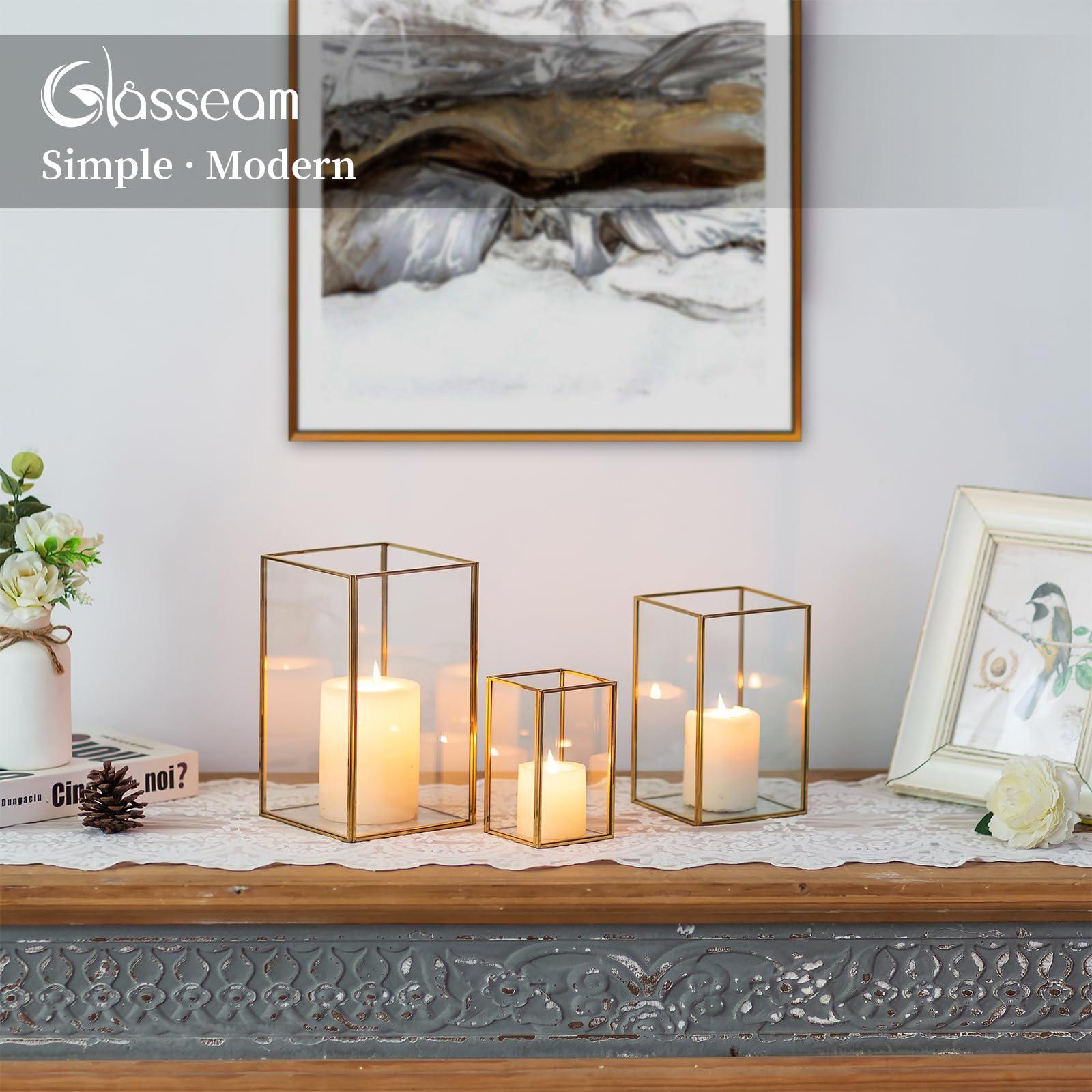 Glasseam Glass Hurricane Candle Holder: Set of 3 Gold Square Candle Holders for Pillar Candles Large for Table Centerpiece Wedding Christmas Decorative - Image 6
