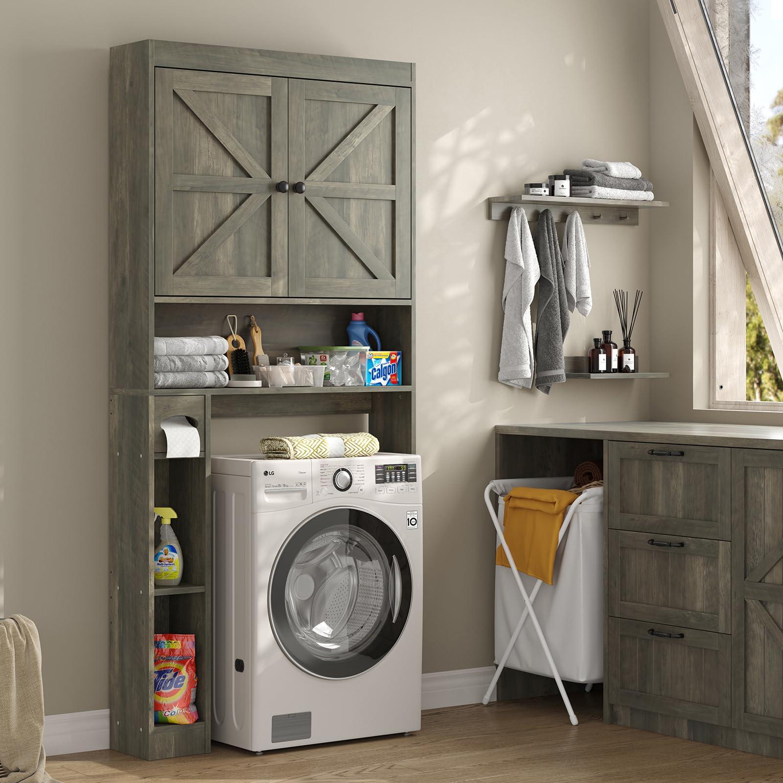 Furnideco 32.3''W Over The Toilet Storage Cabinet with Barn Doors, Over Toilet Shelf Farmhouse Storage Cabinet Space Saver with Toilet Paper Holder & Adjustable Bottom Bar, Gray - Image 5