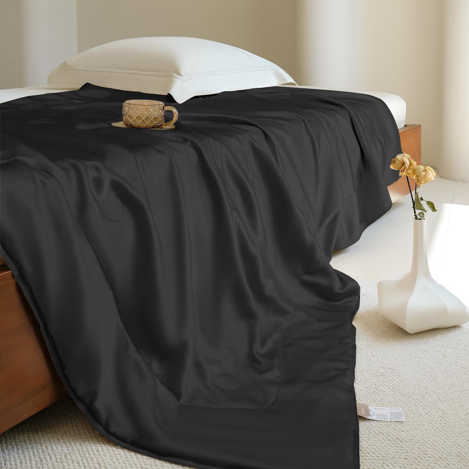 THXSILK Silk Blanket, 100% Mulberry Silk Cooling Throw, Soft and Lightweight Blanket for Bedroom, Sofa, Travel, All-Season (Black, Queen)