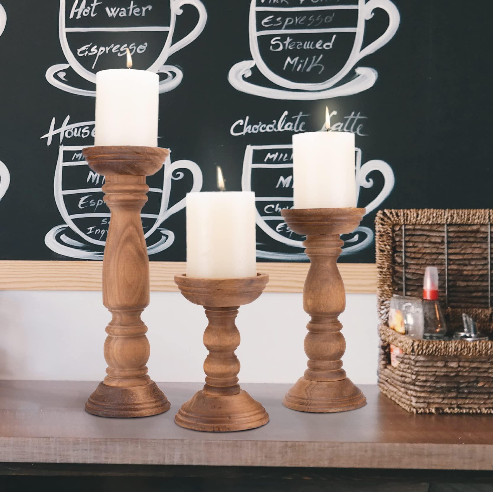 Farmhouse Wooden Candle Holders for Pillar Candles Set of 3, Rustic Wood Candle Holder Table Centerpiece Decor, 12'' 9'' 6'' Vintage Tall Candle Stand Decorative, Brown - Image 5