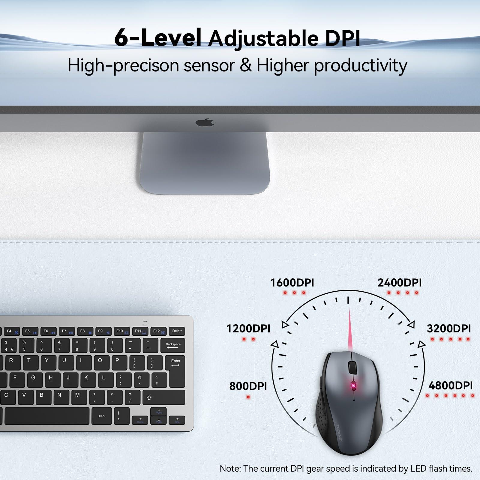 TECKNET Wireless Mouse, 2.4G USB Computer Mouse with 6-Level Adjustable 4800 DPI, Silent Quiet Click，30 Months Battery, Ergonomic Grips, 6 Buttons Portable for PC, Chromebook, Mac - Grey - Image 2