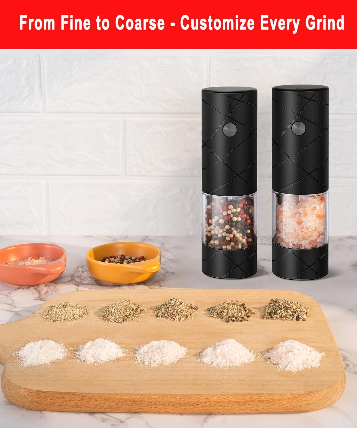 Rechargeable Electric Salt and Pepper Grinder Set - Extra Large Capacity - Automatic Black Peppercorn & Sea Salt Mill Grinders Set with Adjustable Coarseness & LED Light - Image 6