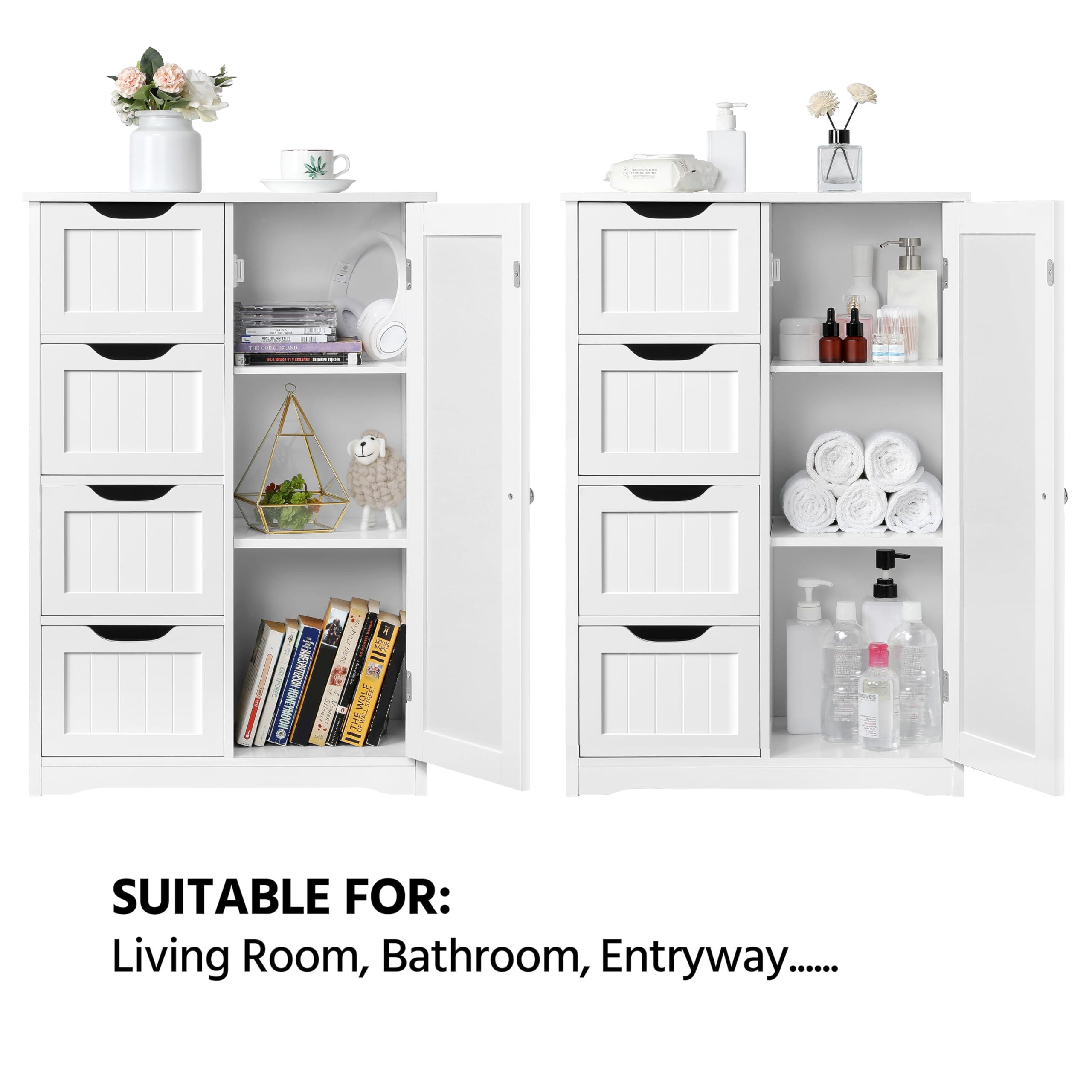 Yaheetech Wooden Floor Cabinet, Side Storage Organizer with 4 Drawers and 1 Cupboard, Freestanding Entryway Storage Unit Console Table, Bathroom Furniture Home Decor, White - Image 5