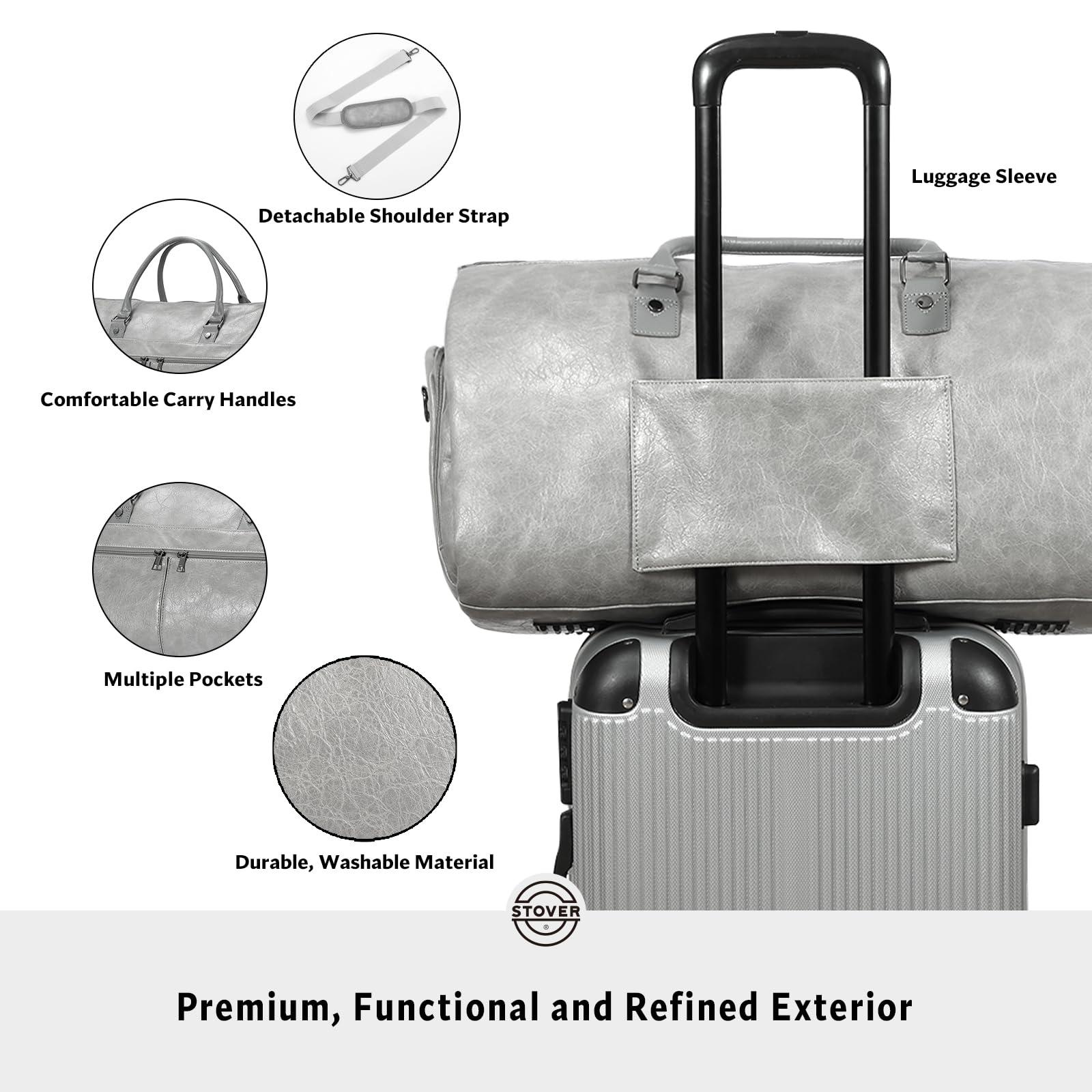 STOVER Garment Travel Duffle Bag, Large 2-in-1 Convertible Carry-on Luggage for Men & Women- Hanging Suits, Dresses & Clothes + Shoe Compartment- Weekender Tote Combo Duffel (Grey Leatherette) - Image 4