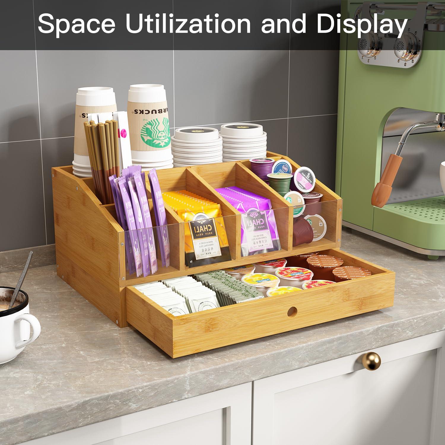 AEEHFENG Coffee Station Organizer for Countertop Coffee Condiment Organizer, Office Coffee Station, Small Cute Coffee Bar Organizer – Bamboo & Wooden Storage with Removable Dividers & Drawer - Image 7