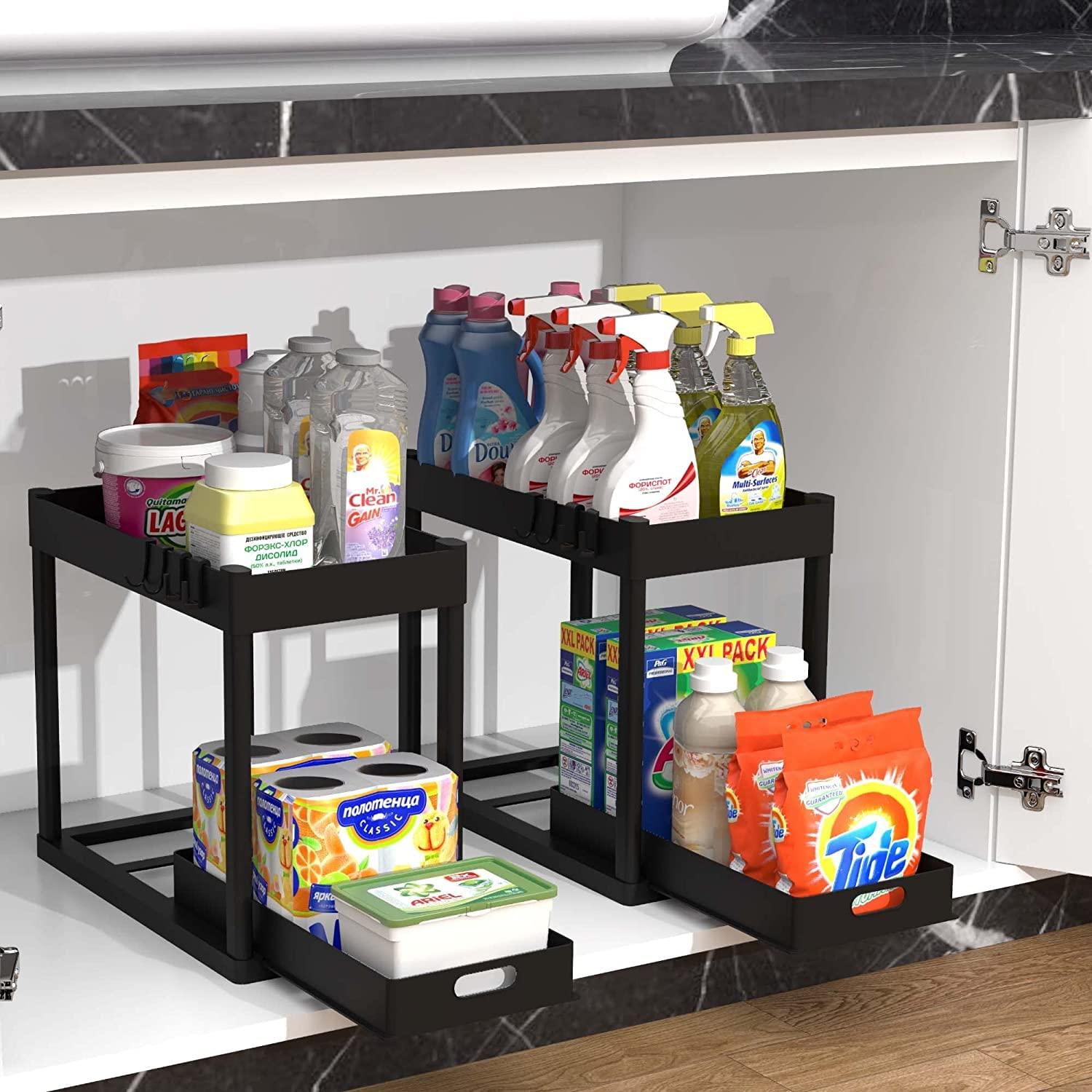 POUGNY 2PC Under Sink Organizer Rack 2 Tier Under Sliding Cabinet Basket Organizer Drawer with 4 Hooks, Multi-purpose Under Sink Storage for Bathroom Kitchen Desktop（Black） - Image 7