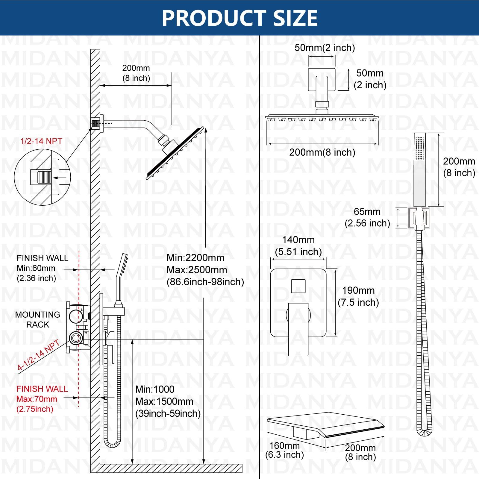 Midanya Rain Shower System Tub Shower Faucet Set Square Rainfall Shower Head with Handheld Sprayer and Waterfall Tub Spout Rough-in Valve Shower Mixer Combo,8 Inch Brushed Nickel - Image 6