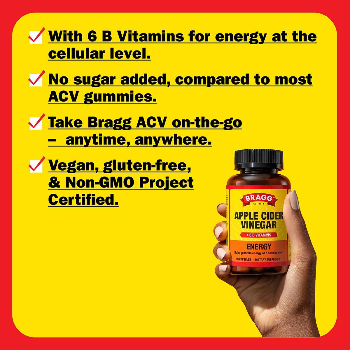 Bragg Energy Apple Cider Vinegar Capsules with B-12 Vitamins - 90 Capsules - Weight Management - Non-GMO, Vegan, Gluten Free, No Sugar - Helps Generate Energy at Cellular Level for Men and Women - Image 3