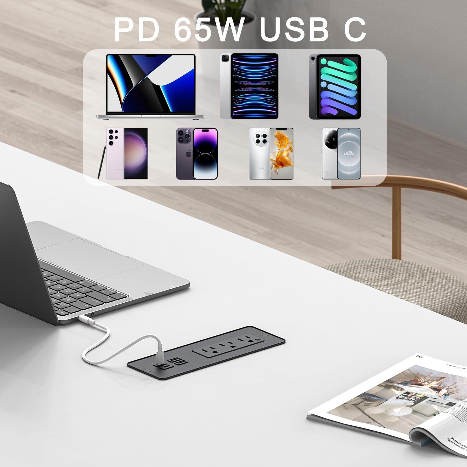 Recessed Power Strip with PD 65W USB C, Flush Mount Power Strip with 3 Outlets 4 USB Ports, Furniture Drawer Outlet with 2M Flat Plug Cable for Side Table Sofa Table, Black - Image 3