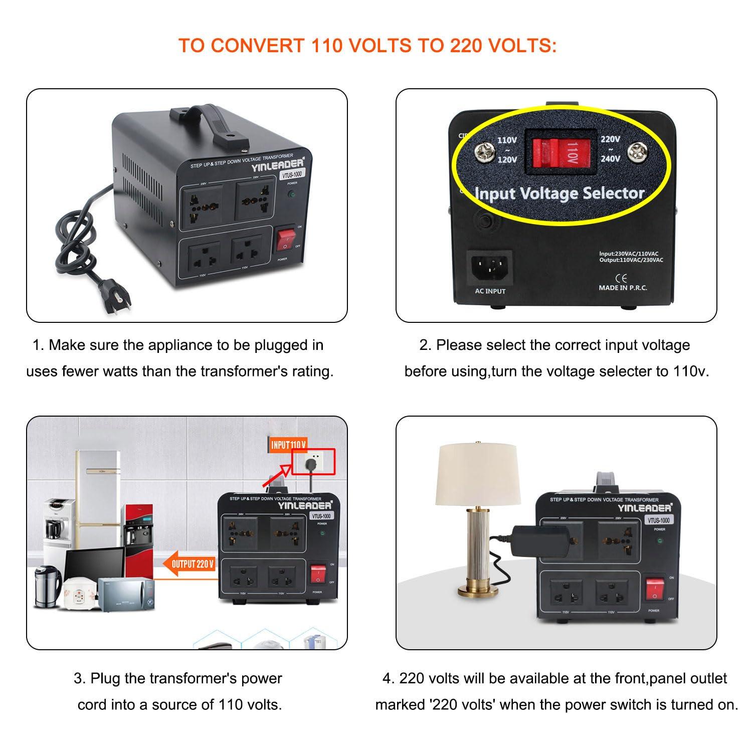 Yinleader 1000W Voltage Converter Transformer(110V to 220V OR 220V to 110V) 1000 Watt Step Up/Down Converter 110/120 Volt - 220/240 Volt w/US Power Cord,Circuit Breaker Protection (VTUS-1000) - Image 3
