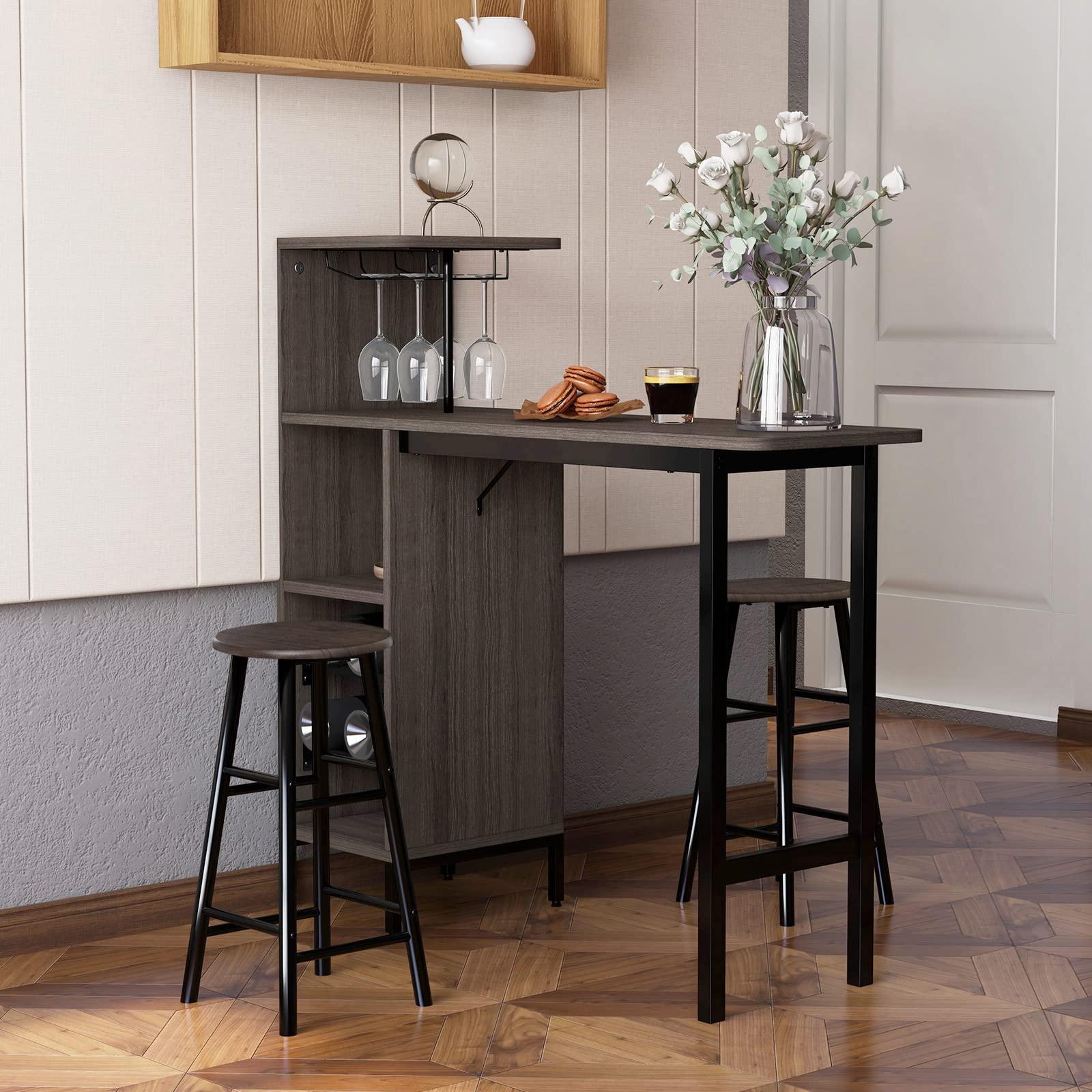 GOFLAME Bar Table and Chairs Set for 2, Counter Height Dining Table Set with Shelves, Cup Holder & Wine Rack, Breakfast Table & Chair Set, 3-Piece Pub Table Set for Kitchen, Dining Room - Image 9