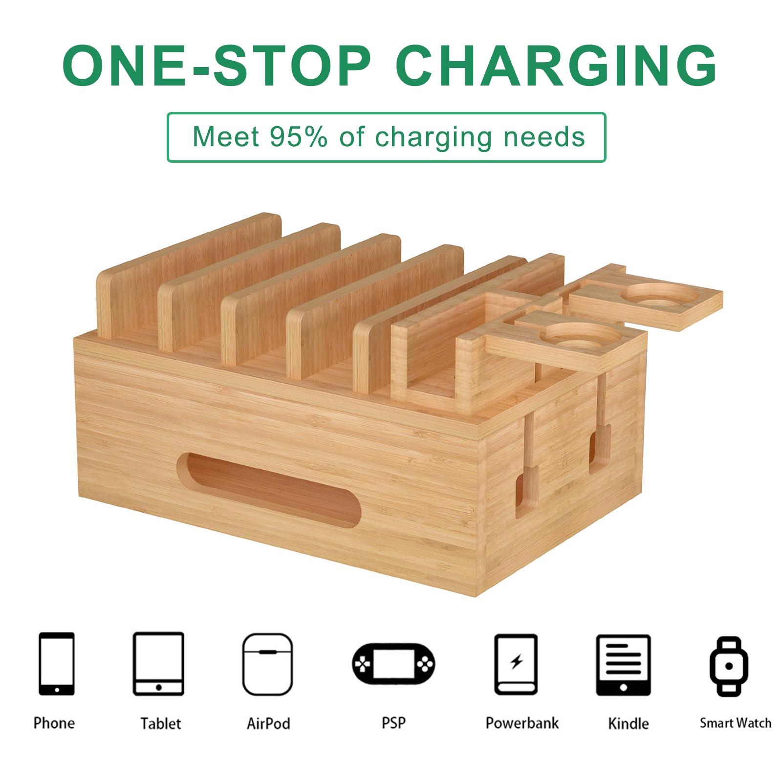 Deefielly Bamboo Charging Stations for Multi Devices with 5 Port USB Charger, 6 Cables, Desktop Wood Docking Station Charger Organizer for Cell Phones, Tablets,Earphone, Watches - Image 2