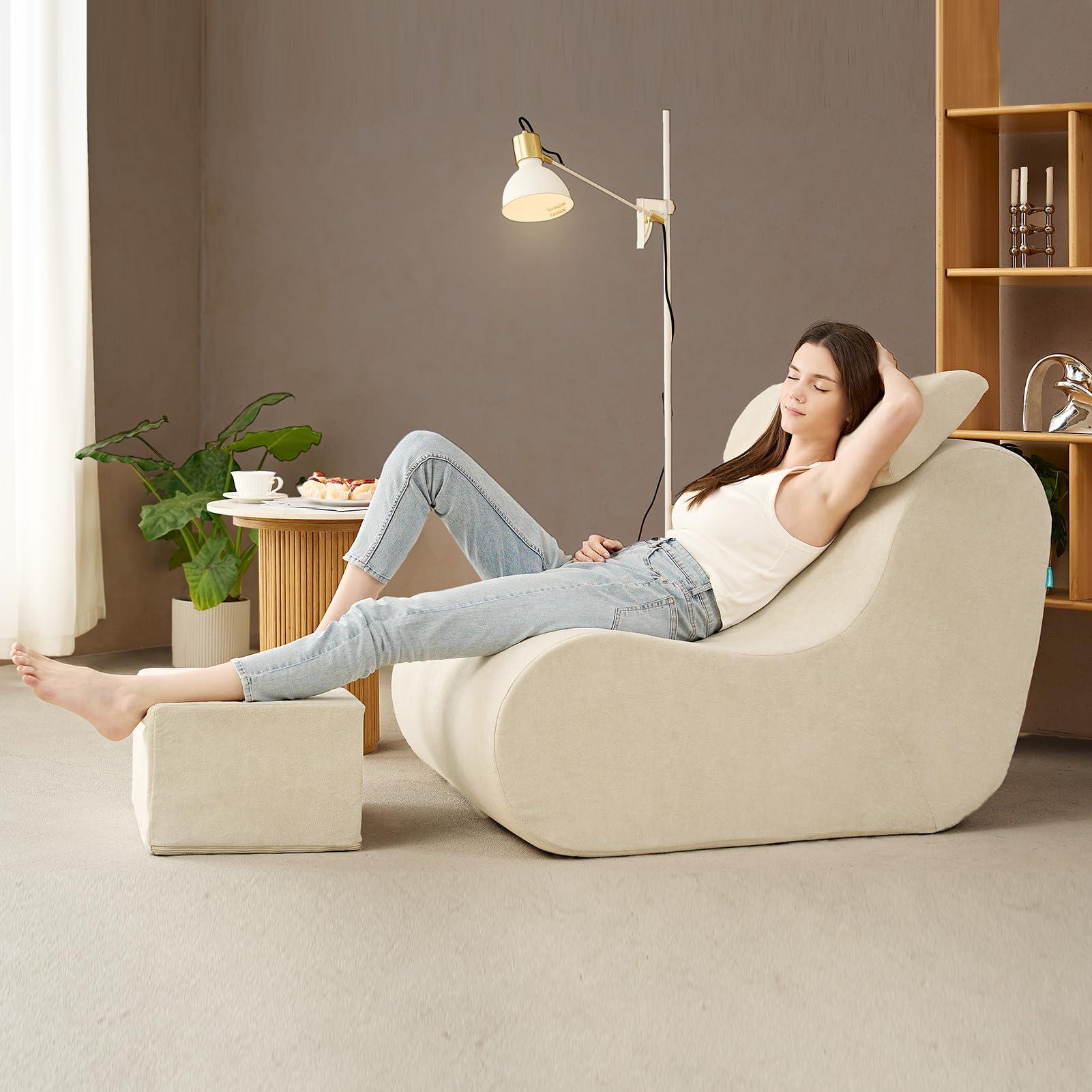 Hansleep Bean Bag Chair for Adults, High-Density Foam Reading Chair with Ottoman, Cozy Beanbag Sofa Chair with Waist Support for Living Room, Bedroom, Beige