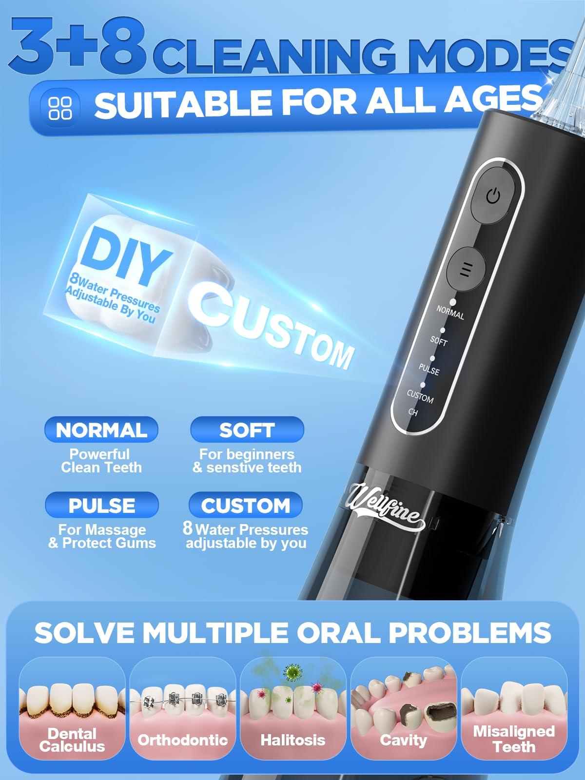 Water Dental Flosser Teeth Pick: WELLFINE Portable Cordless 4 Modes Flossers Pic 300ML Rechargeable Floss Pik Powerful IPX7 Waterproof Oral Irrigator for Cleaning Gum Care Braces for Home Travel - Image 3