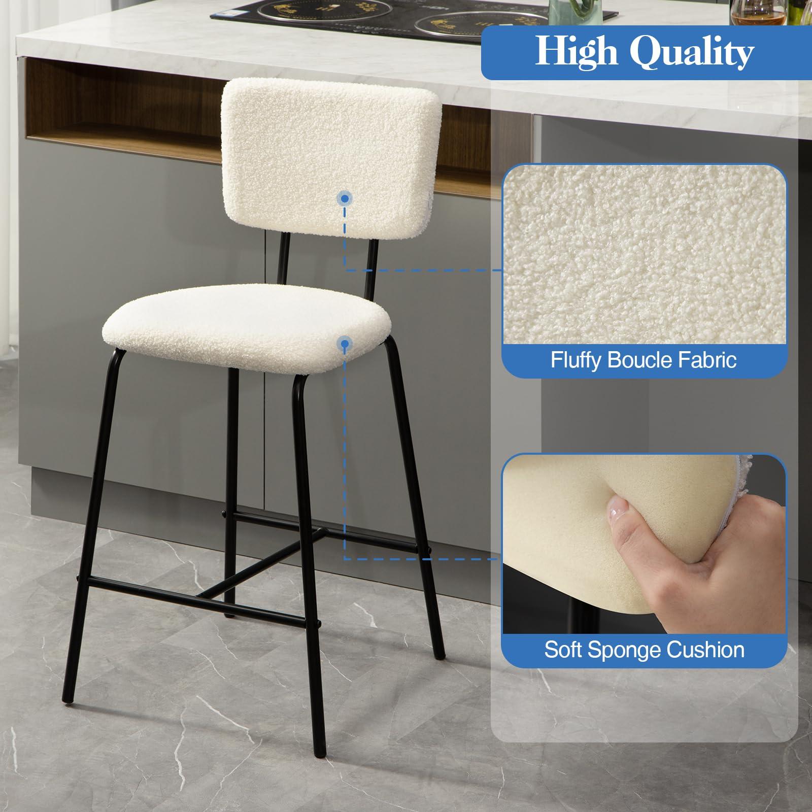 Bar Stools Set of 4 Boucle Fabric Bar Stool - Modern White Counter Height Bar Stools, Upholstered Counter Chairs for Kitchen Island/Kitchen Counter - Image 3