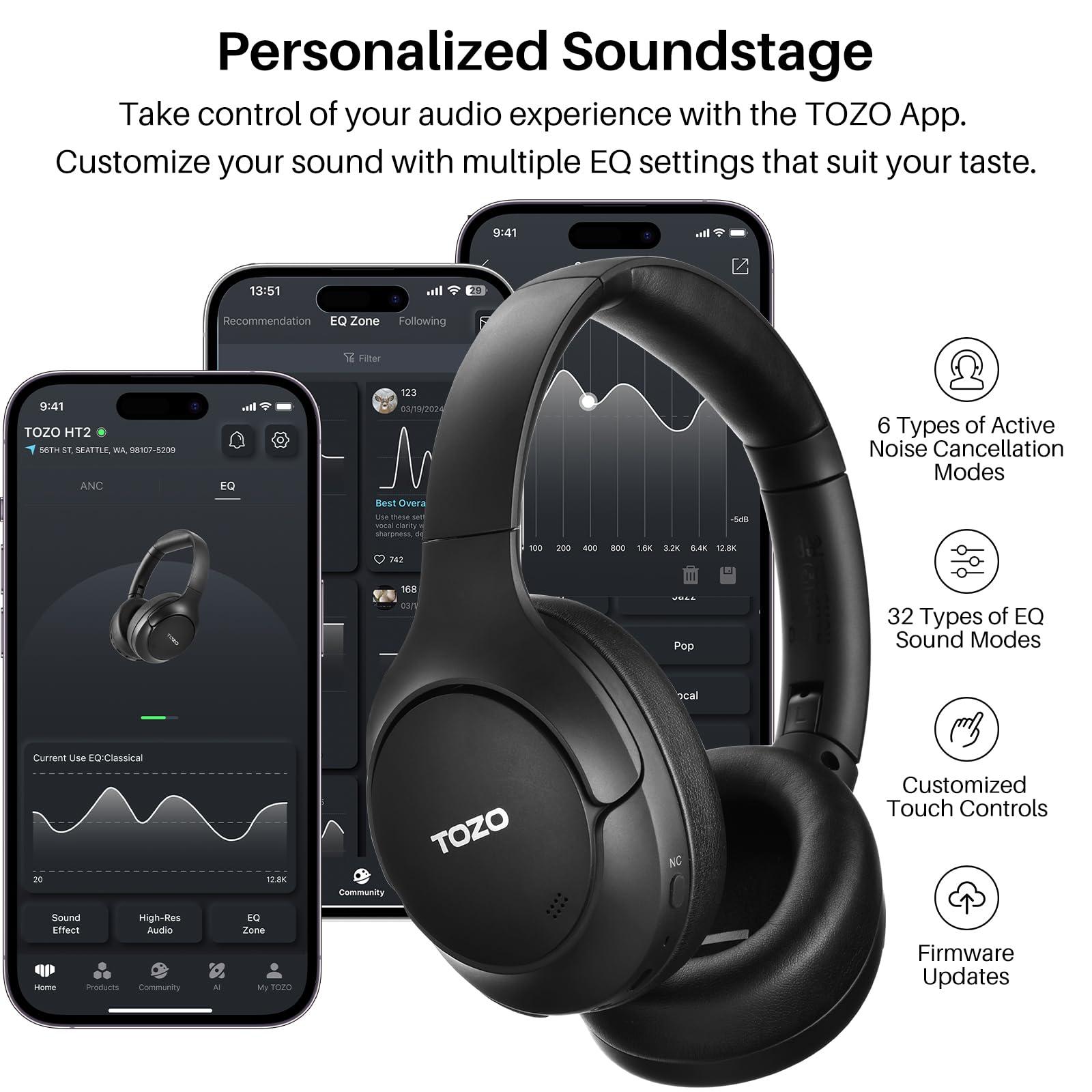 TOZO HT2 Hybrid Active Noise Cancelling Headphones, Wireless Over Ear Bluetooth Headset, 60H Playtime, Hi-Res Audio Custom EQ via App Deep Bass Comfort Fit Ear Cups, for Home Office Travel Black - Image 6