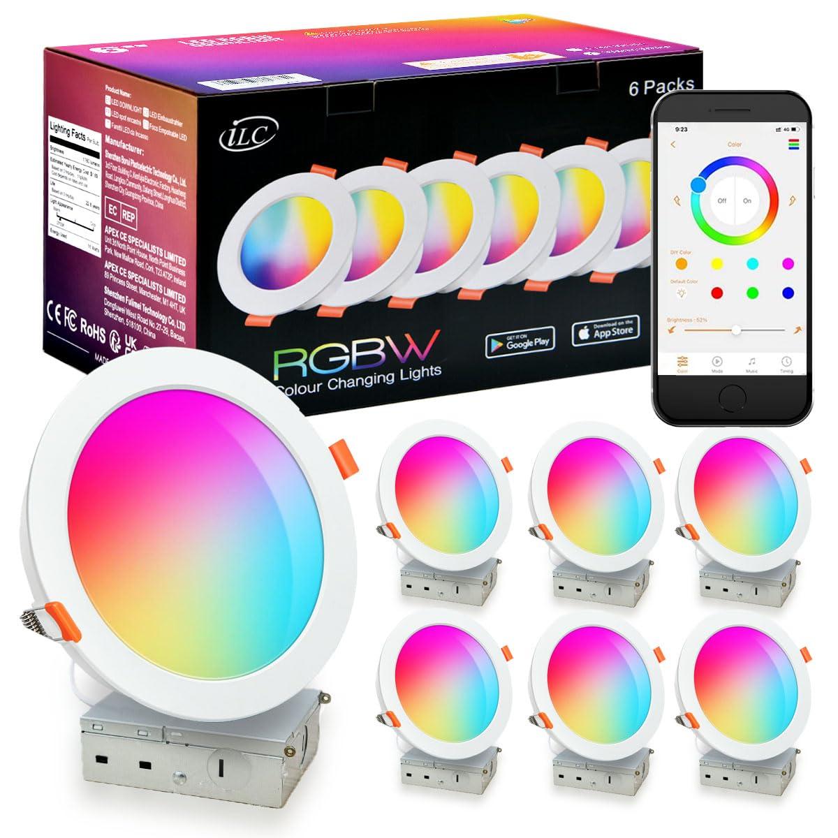 ILC 6 inch led recessed Light, Work with Alexa (Hub Required), App Controlled, RGB Color Changing, 16 Million Colors, CCT: 2700K-6000K, 14W, 120W Equivatlent, 1400LM, CRI 90, Bluetooth Mesh, 6 Packs