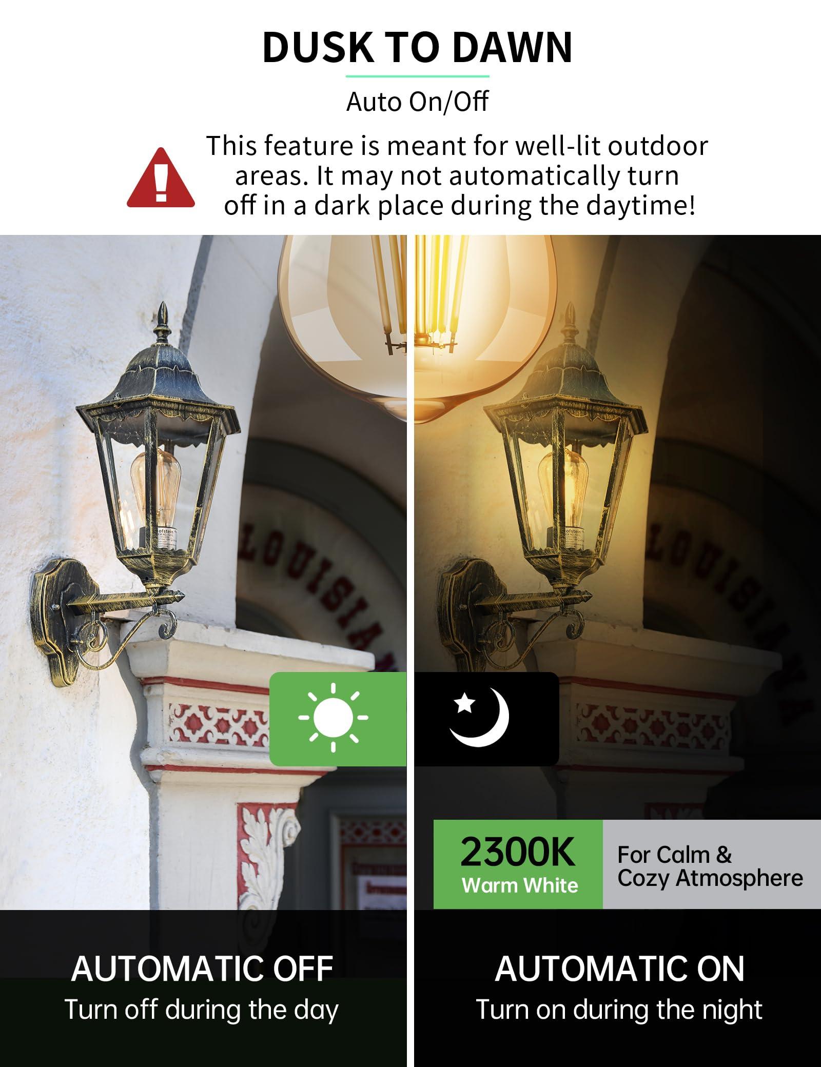 Qualilux Dusk to Dawn Edison Light Bulbs ST58(ST19), Vintage Amber Glass, 2300K Warm Light, 6.5W=60W, Auto On/Off Light Sensing LED Filament Bulb Outdoor, 700LM, Non-Dimmable, E26, 2-Pack, HQ-H027 - Image 2