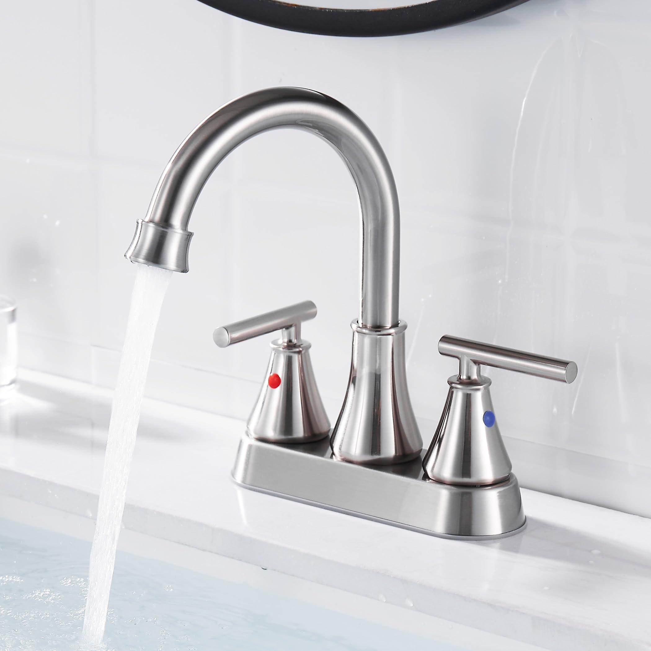 Bathroom Sink Faucet 4 Inch 2 Handle Centerset Brushed Nickel Lead-Free Modern Bathroom Faucet Vanity Faucet with Pop-up Drain Stopper and Supply Hoses - Image 2