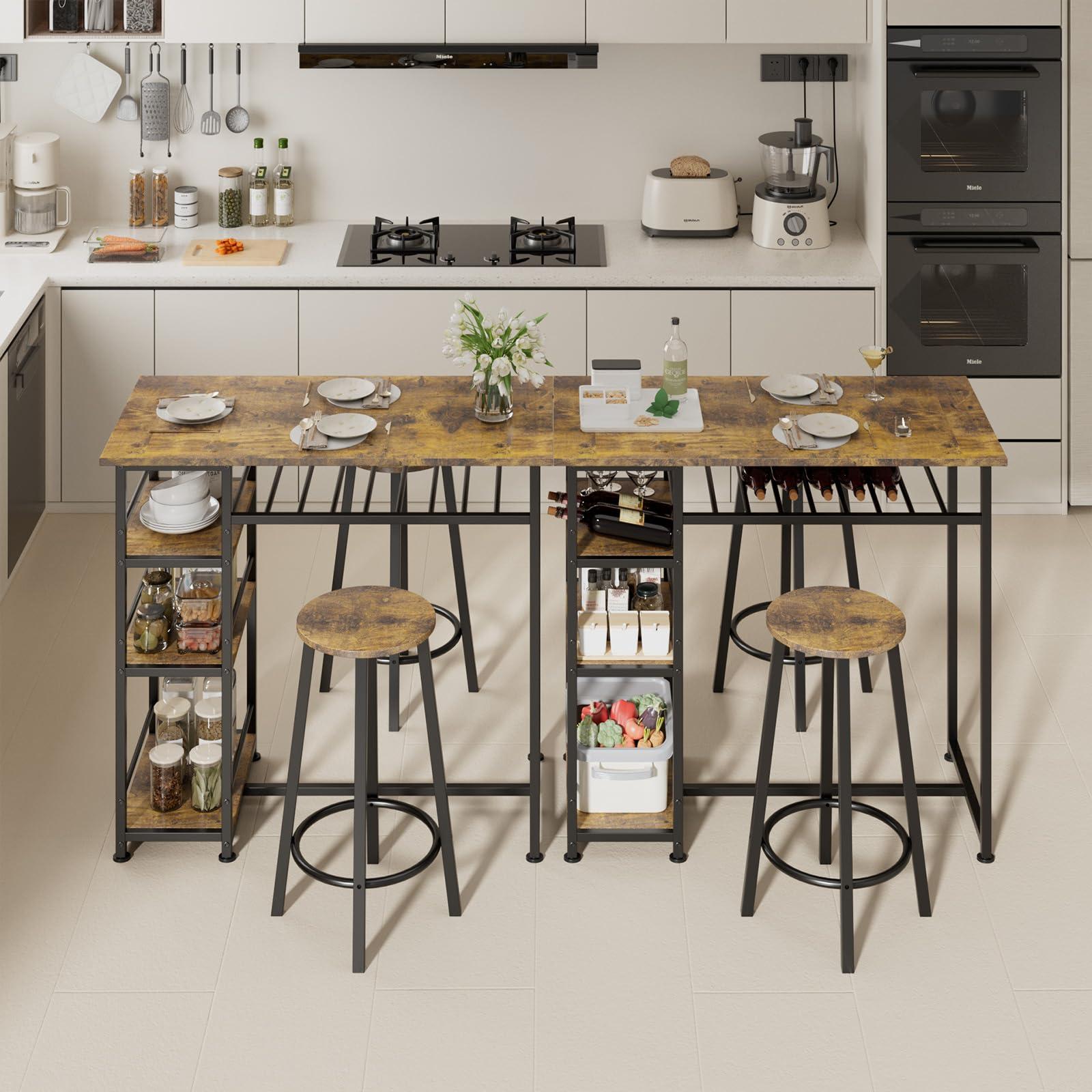 COMHOMA Dining Table Set for 2, Counter Height Kitchen Table and Chairs with Storage Shelves & Wine Rack, Bar Table Set with 2 Bar Stools, 3 Piece Dining Room Table Set for Small Space, Retro Brown - Image 8