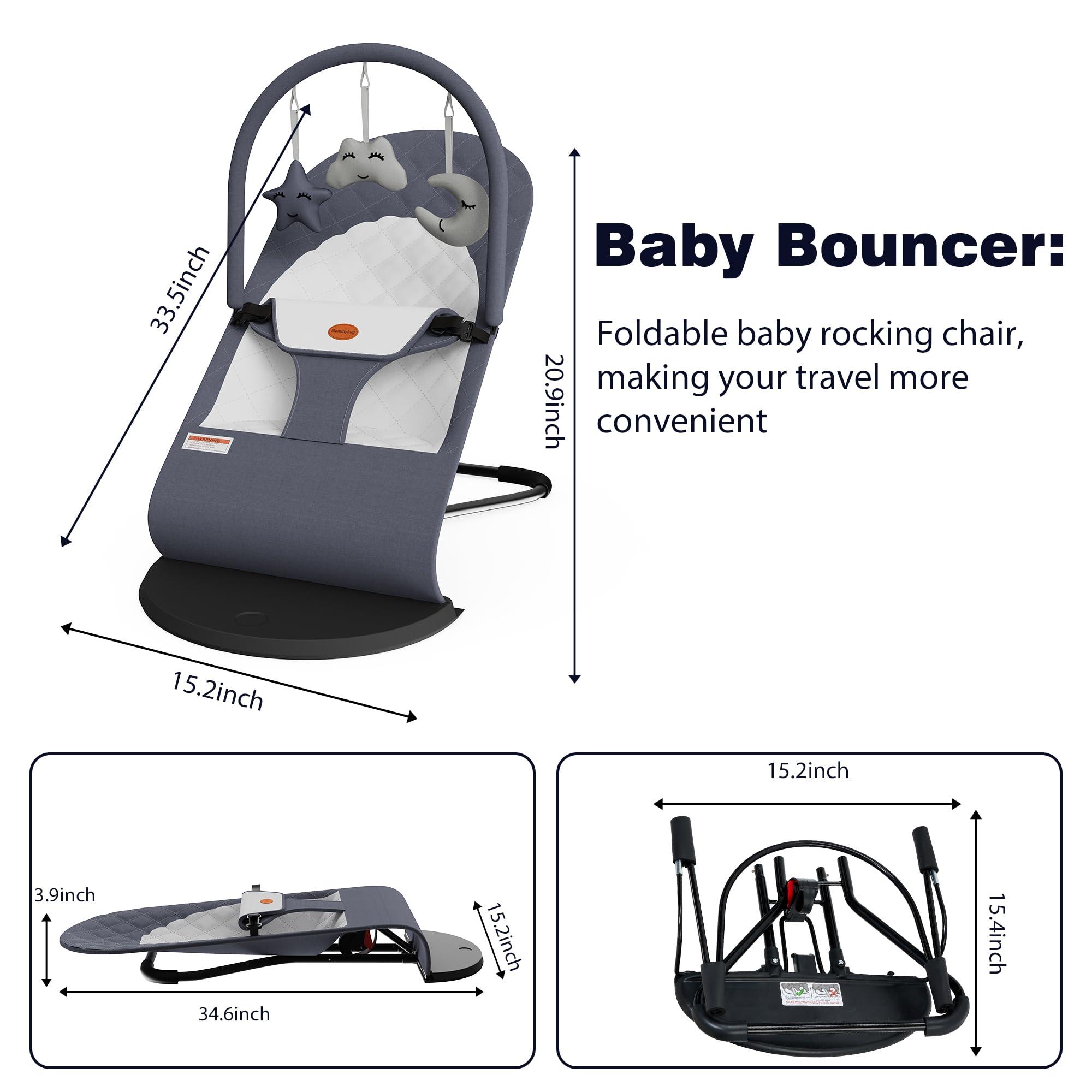 Portable Baby Bouncer Seat for Infants, 0-18 Months, 3 Modes of Use with Rocker & Stationary Options, Ergonomic Infant Chair with Hanging Toys, Baby Shower Gifts – Grey - Image 2