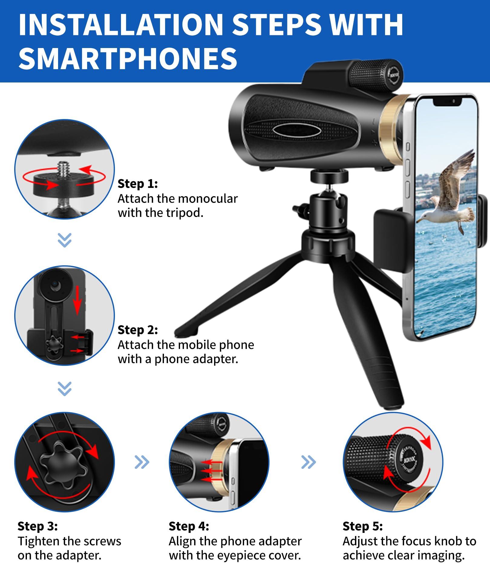 Monocular Telescope 80x100 High Power with Smartphone Adapter Tripod,Larger Vision Monoculars for Adults with BAK4 Prism & FMC Lens, Suitable for Bird Watching Hunting Hiking Camping Wildlife-Black - Image 4